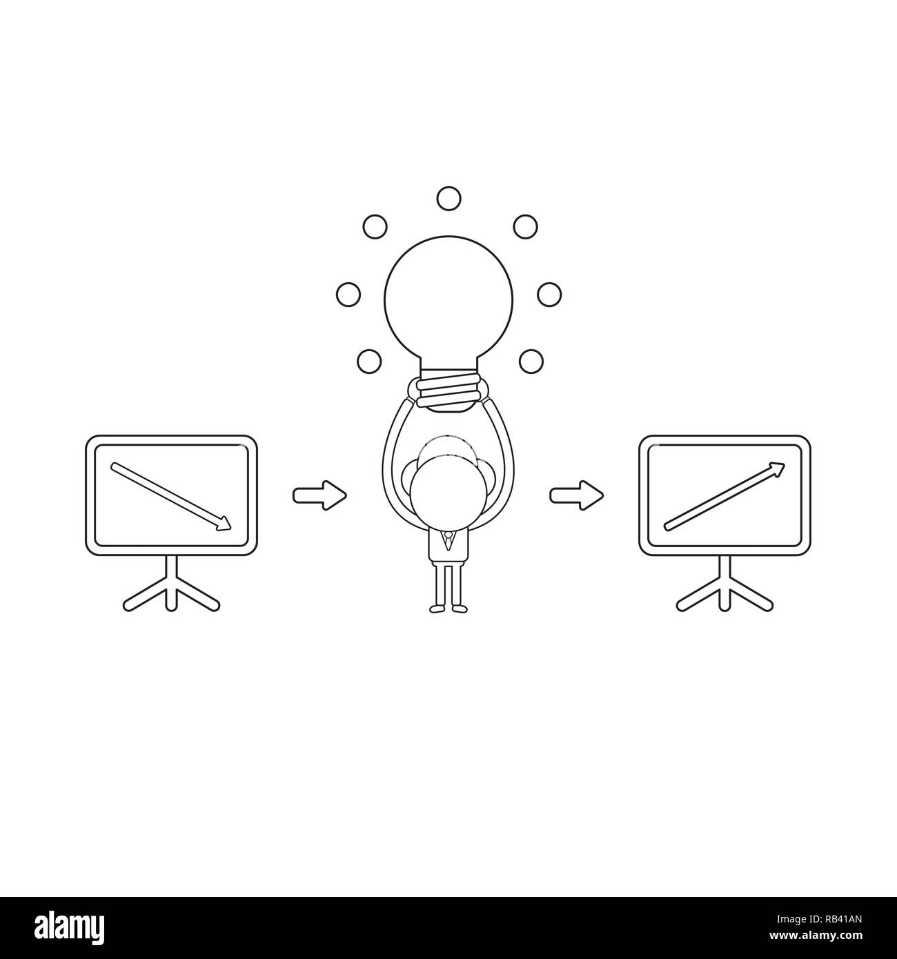 Illustrazione Vettoriale nozione di imprenditore carattere mantenendo la luce brillante idea della lampadina e il grafico delle vendite spostando la freccia verso il basso e verso l'alto. Contorno nero. Illustrazione Vettoriale
