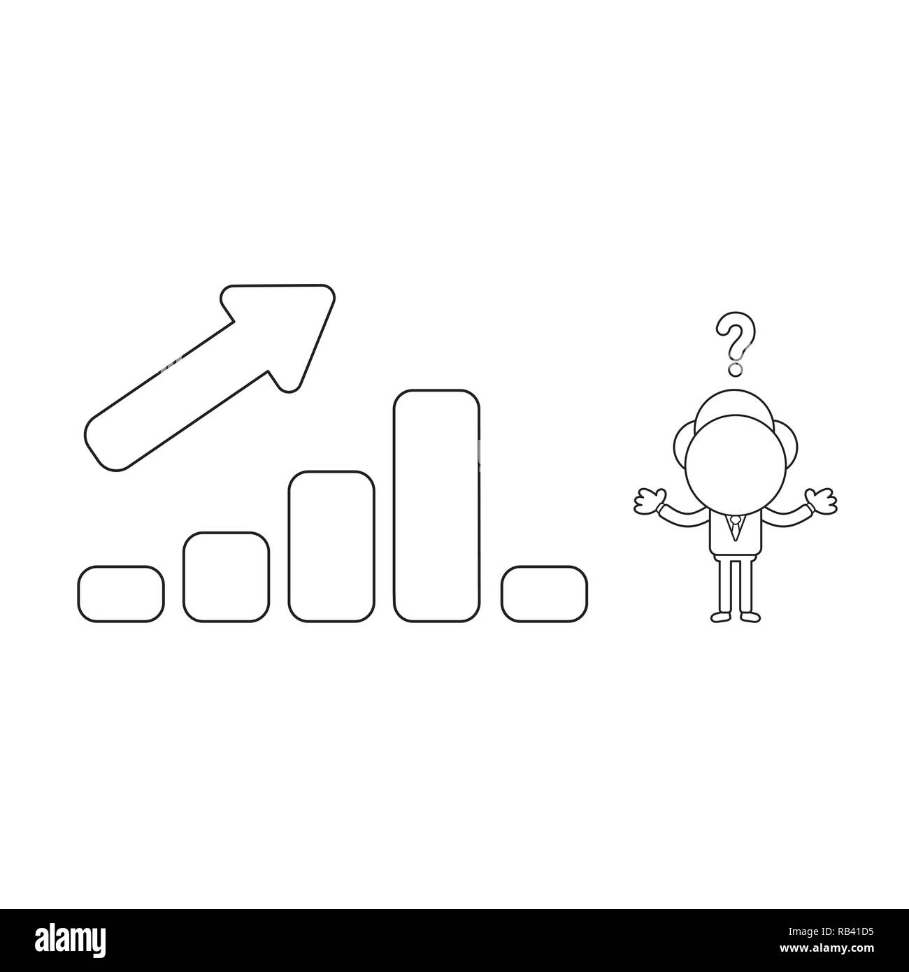 Illustrazione Vettoriale nozione di imprenditore confuso carattere con le vendite il grafico a barra il movimento in su e in giù. Contorno nero. Illustrazione Vettoriale
