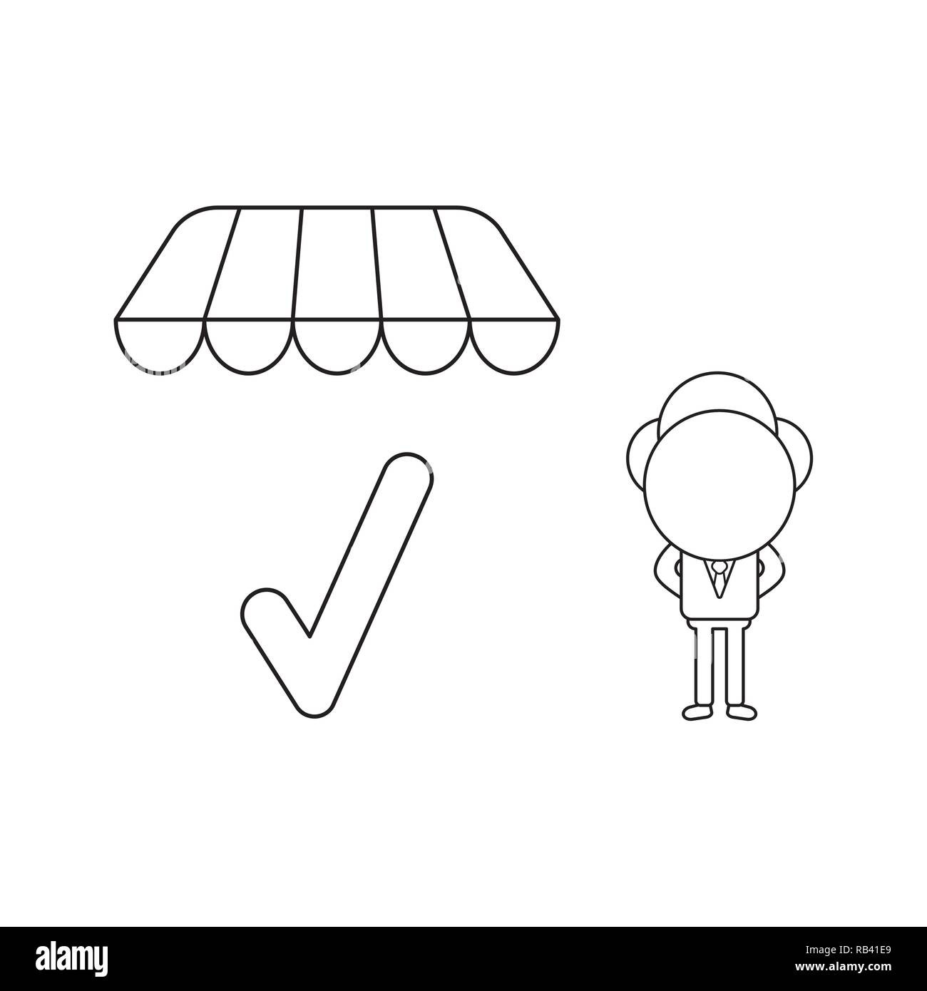 Illustrazione Vettoriale nozione di imprenditore carattere con il segno di spunta sotto la tenda del negozio. Contorno nero. Illustrazione Vettoriale