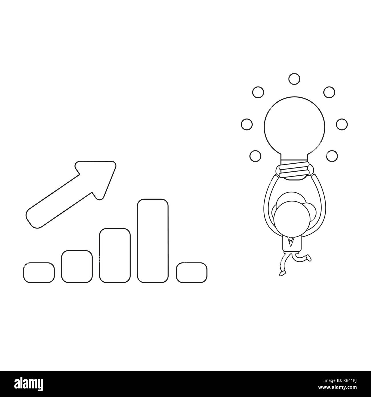 Illustrazione Vettoriale nozione di imprenditore carattere incandescente porta lampadina idea alle vendite il grafico a barra il movimento in su e in giù. Contorno nero. Illustrazione Vettoriale