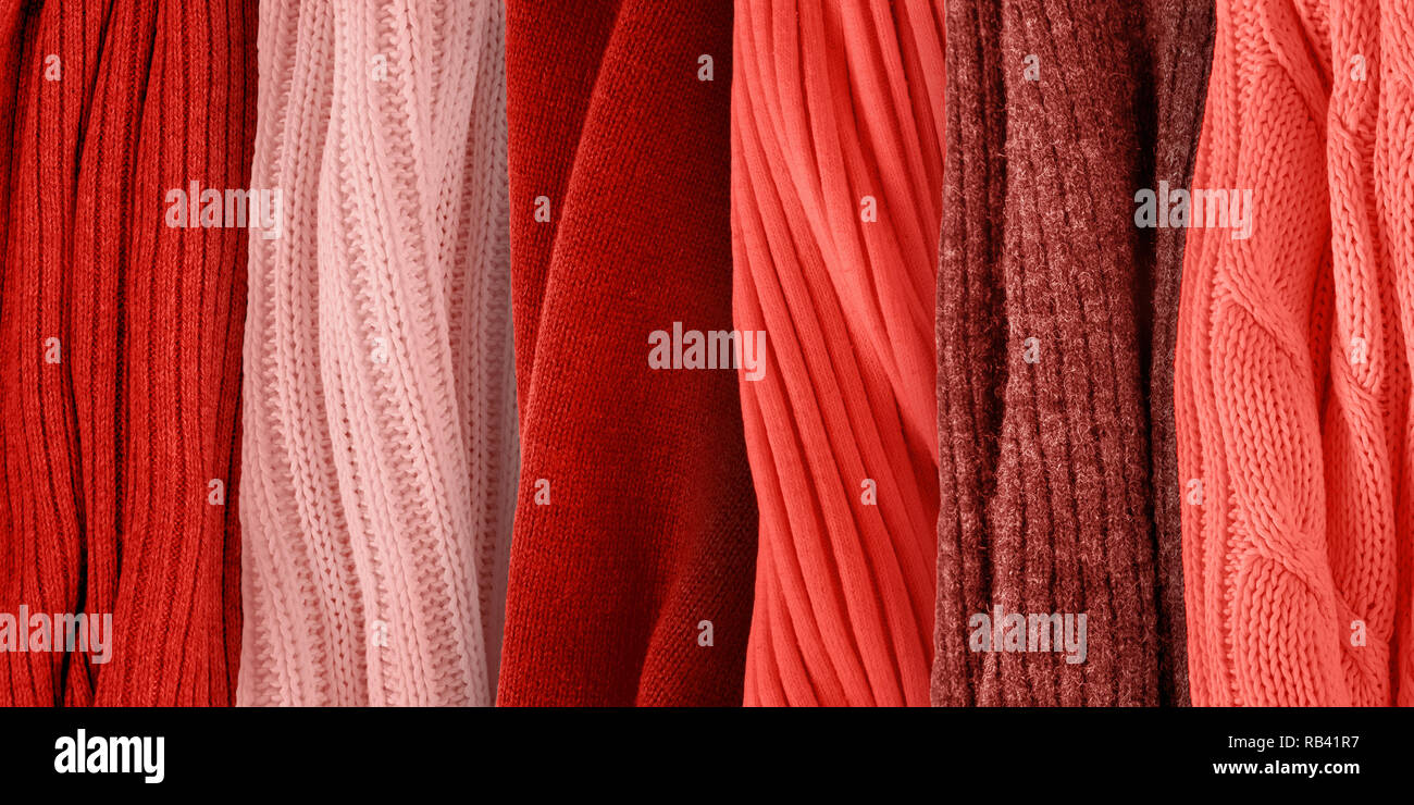 Tavolozza di corallo per autunno e inverno 2019. Moda tendenze colori. Panni in maglia di campioni di tessuto. Foto Stock