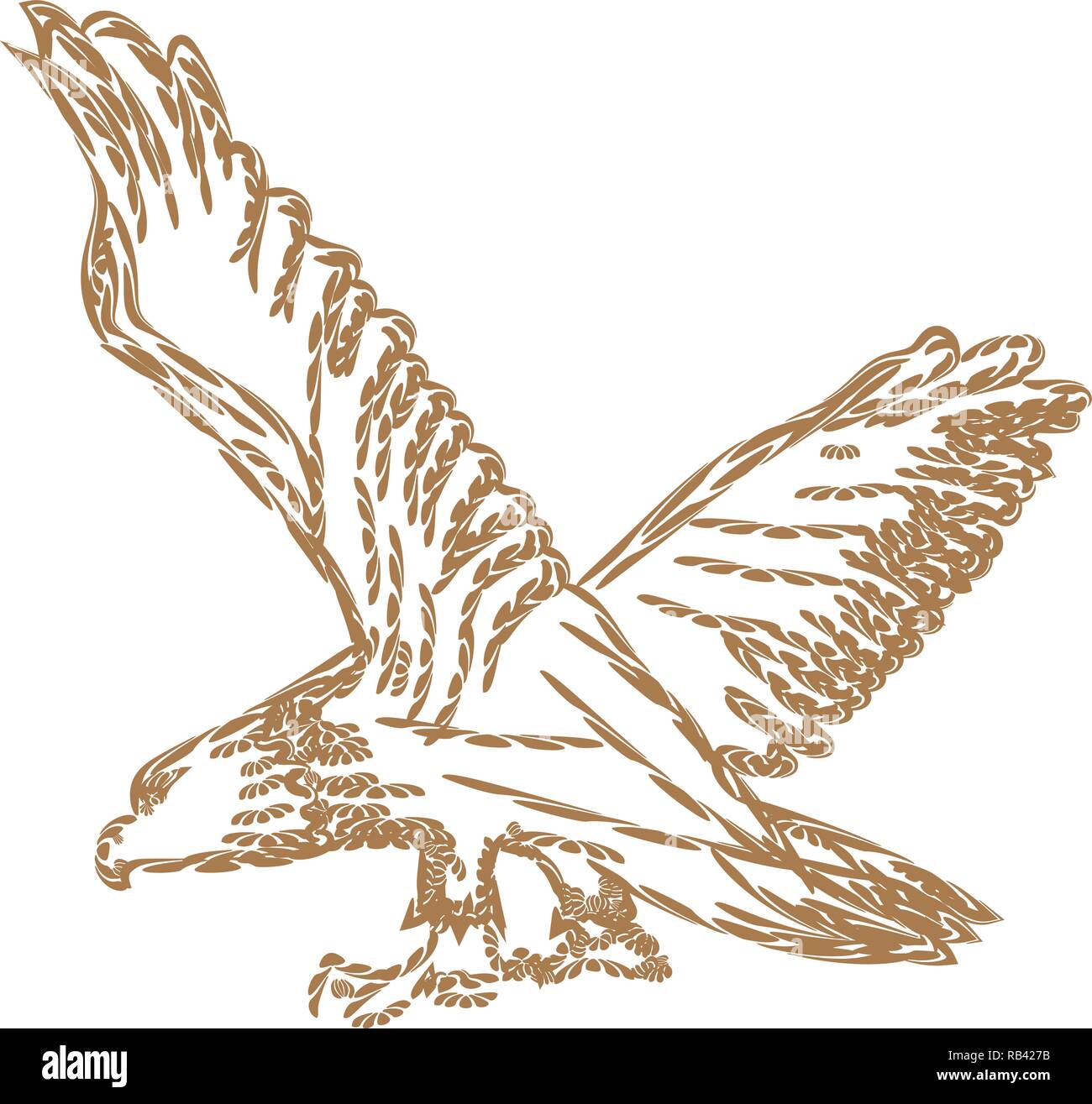 Aquila calva con ali spalmabili per simbolo o logo design. Linea di stile arte illustrazione vettoriale. Illustrazione Vettoriale