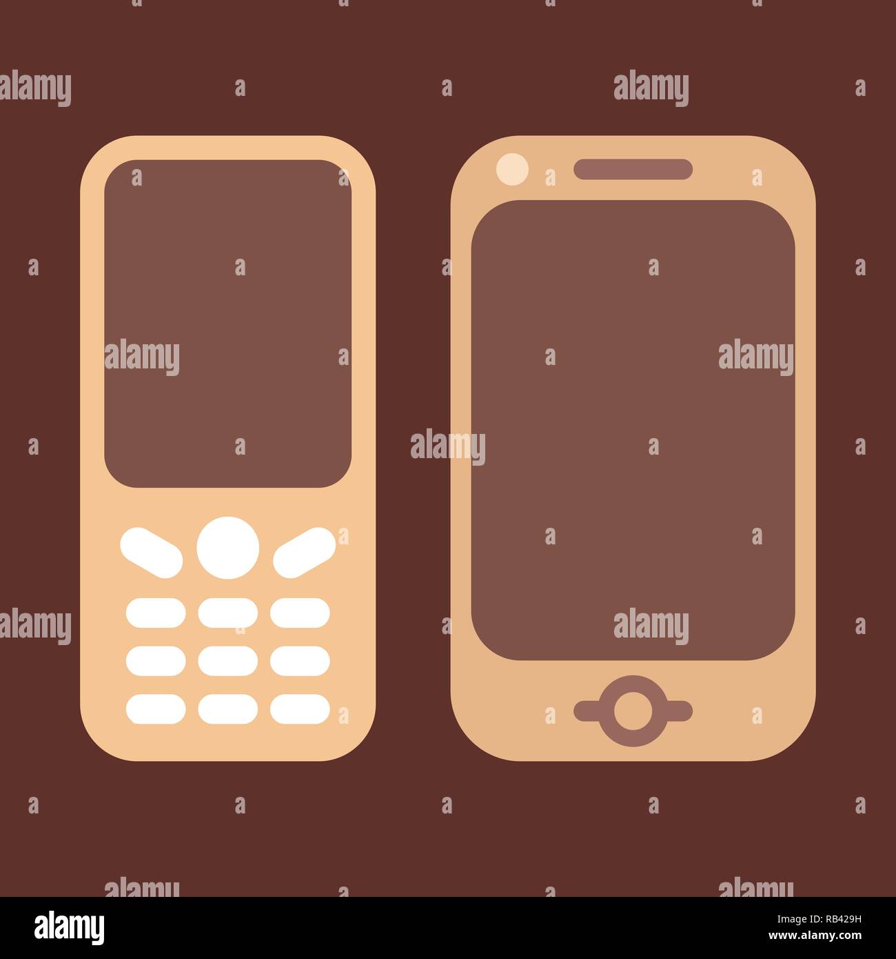 Piatto icona vettore con due telefoni cellulari. Lo schermo è vuoto. Illustrazione Vettoriale