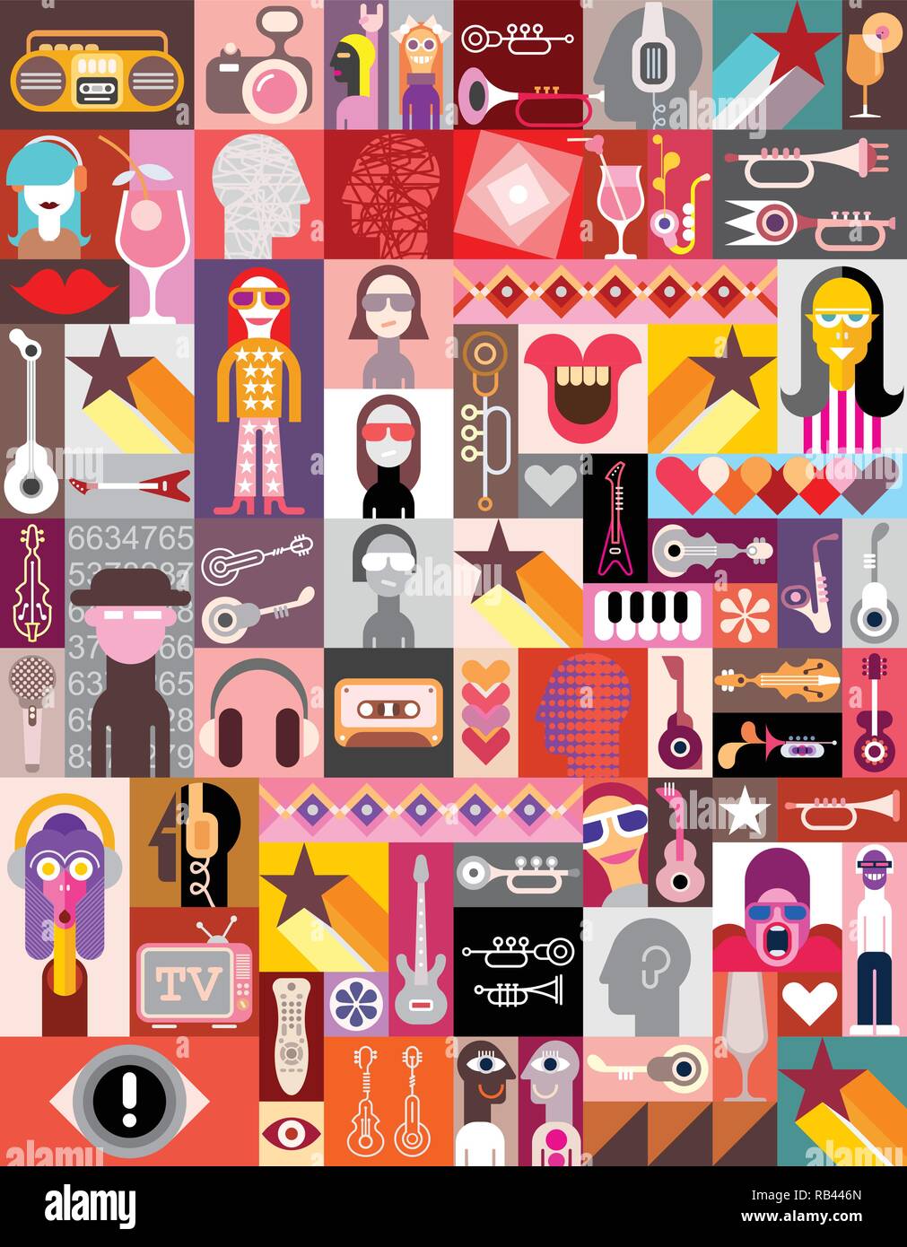 Vector pop-art collage di varie immagini con ritratti di persone. Arte grafica composizione di molte e diverse immagini. Carta da parati senza giunture. Illustrazione Vettoriale