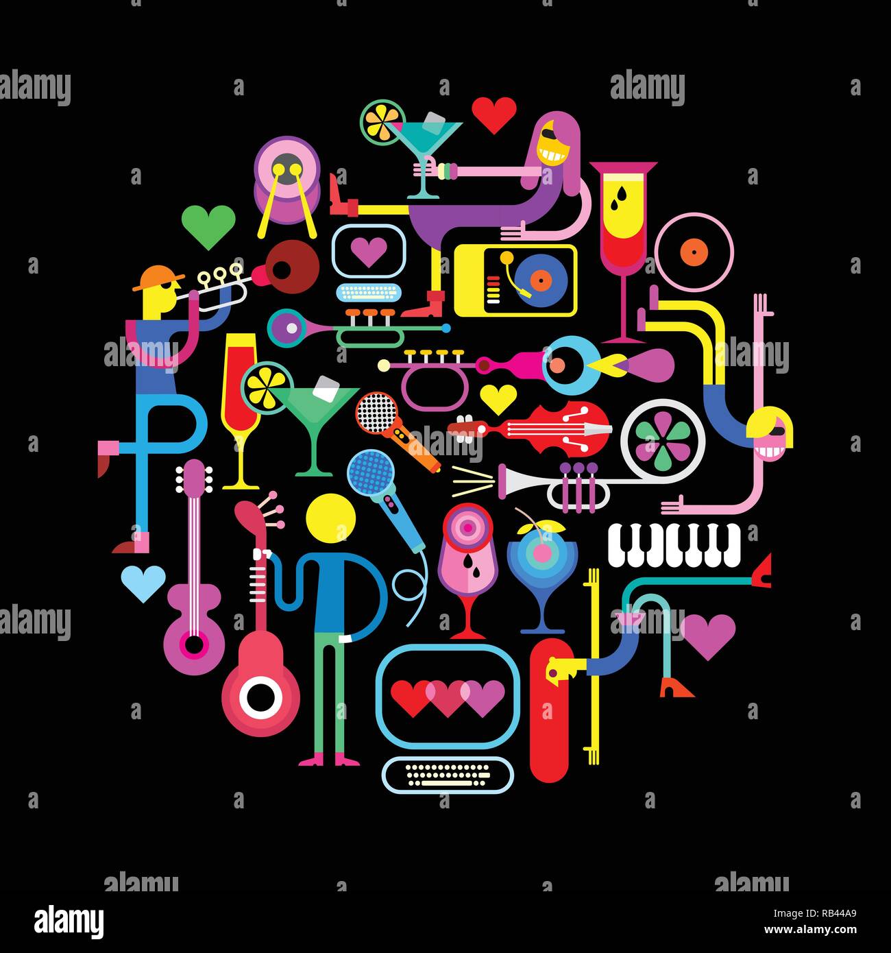 Festa di musica illustrazione vettoriale su uno sfondo nero. La forma rotonda composizione con persone divertenti, strumenti musicali e bicchieri da cocktail. Illustrazione Vettoriale