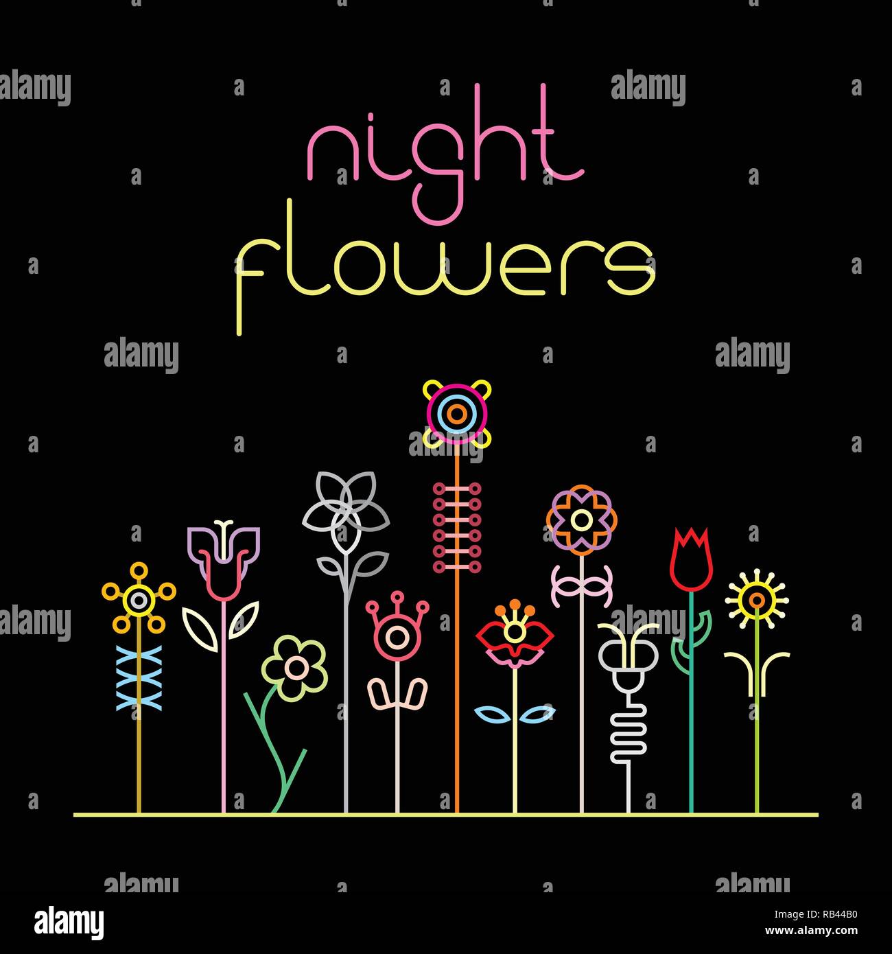 Colori al neon su uno sfondo nero notte Fiori illustrazione vettoriale. Varie specie di fiori e di notte fiori testo. Illustrazione Vettoriale