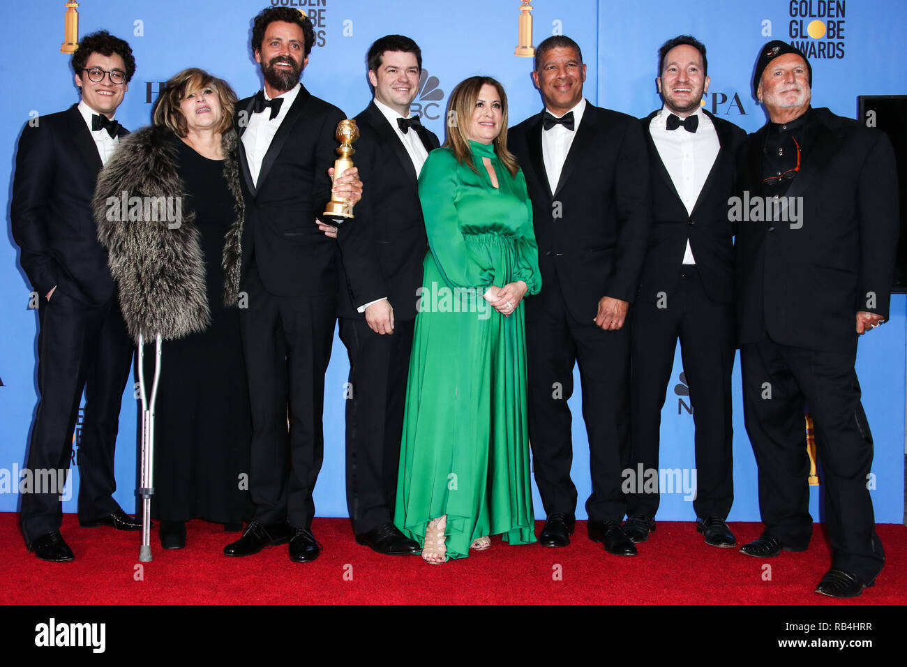 Beverly Hills, Stati Uniti. 06 gen 2019. BEVERLY HILLS, Los Angeles, CA, Stati Uniti d'America - 06 gennaio: Phil signore, Amy Pascal, Robert Persichetti Jr., Chris Miller, Christina Steinberg, Peter Ramsey, Rodney Rothman e Avi Arad pongono nella sala stampa della 76th Annuale di Golden Globe Awards tenutosi presso il Beverly Hilton Hotel il 6 gennaio 2019 in Beverly Hills Los Angeles, California, Stati Uniti. (Xavier COLLIN/Image Press Agency) Credito: Image Press Agency/Alamy Live News Foto Stock