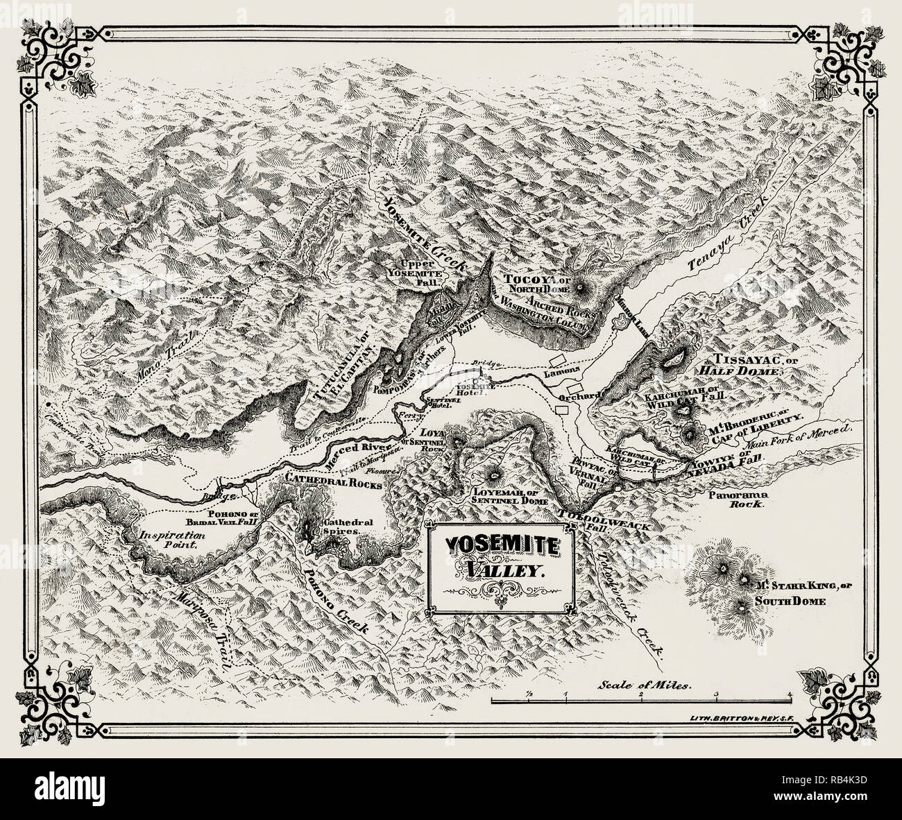 Ripristinata la riproduzione del 1860 Mappa antico della valle di Yosemite. Inizio guida turistica per la zona con entrambi i nativi americani e europei i nomi di luogo. Pubblicato in 1868. Foto Stock
