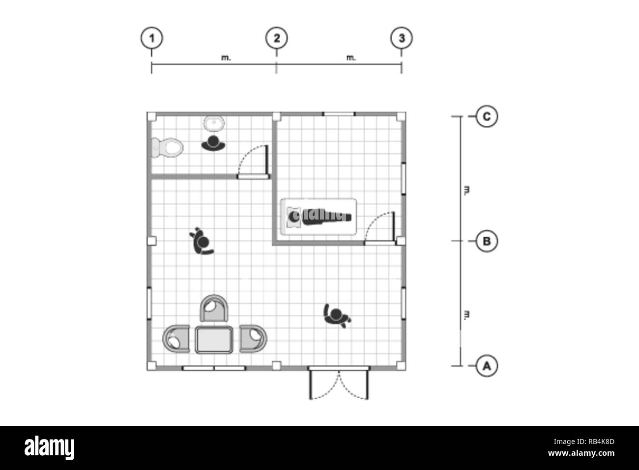 Vista dall'alto, in bianco e nero il disegno di contorno, home plan semplice piatto con la linea griglia, illustrazione vettoriale Illustrazione Vettoriale