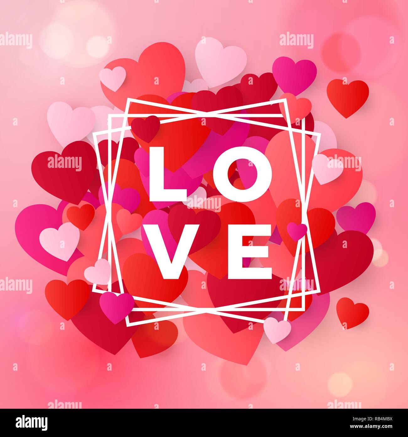 Felice il giorno di San Valentino di nozze e gli elementi di design. Progettazione di testo amore nella cornice bianca su sfondo rosa con cuori. Illustrazione Vettoriale Illustrazione Vettoriale