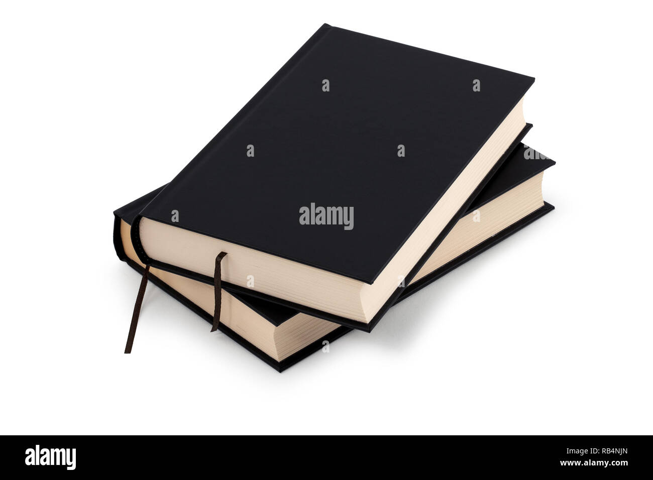 Due libri neri isolati su sfondo bianco Foto Stock