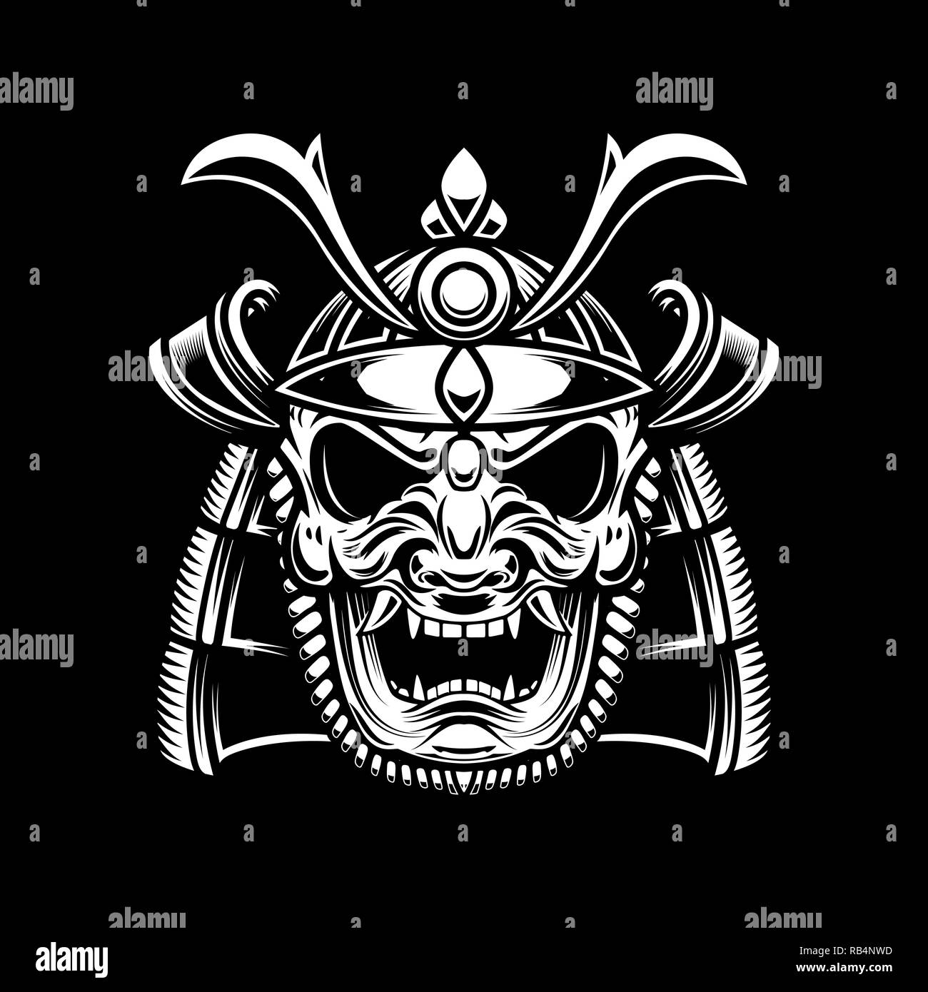 Illustrazione dei samurai casco in stile tatuaggio isolato su sfondo scuro.  Elemento di design per l'emblema, segno, poster, card. Immagine vettoriale  Immagine e Vettoriale - Alamy