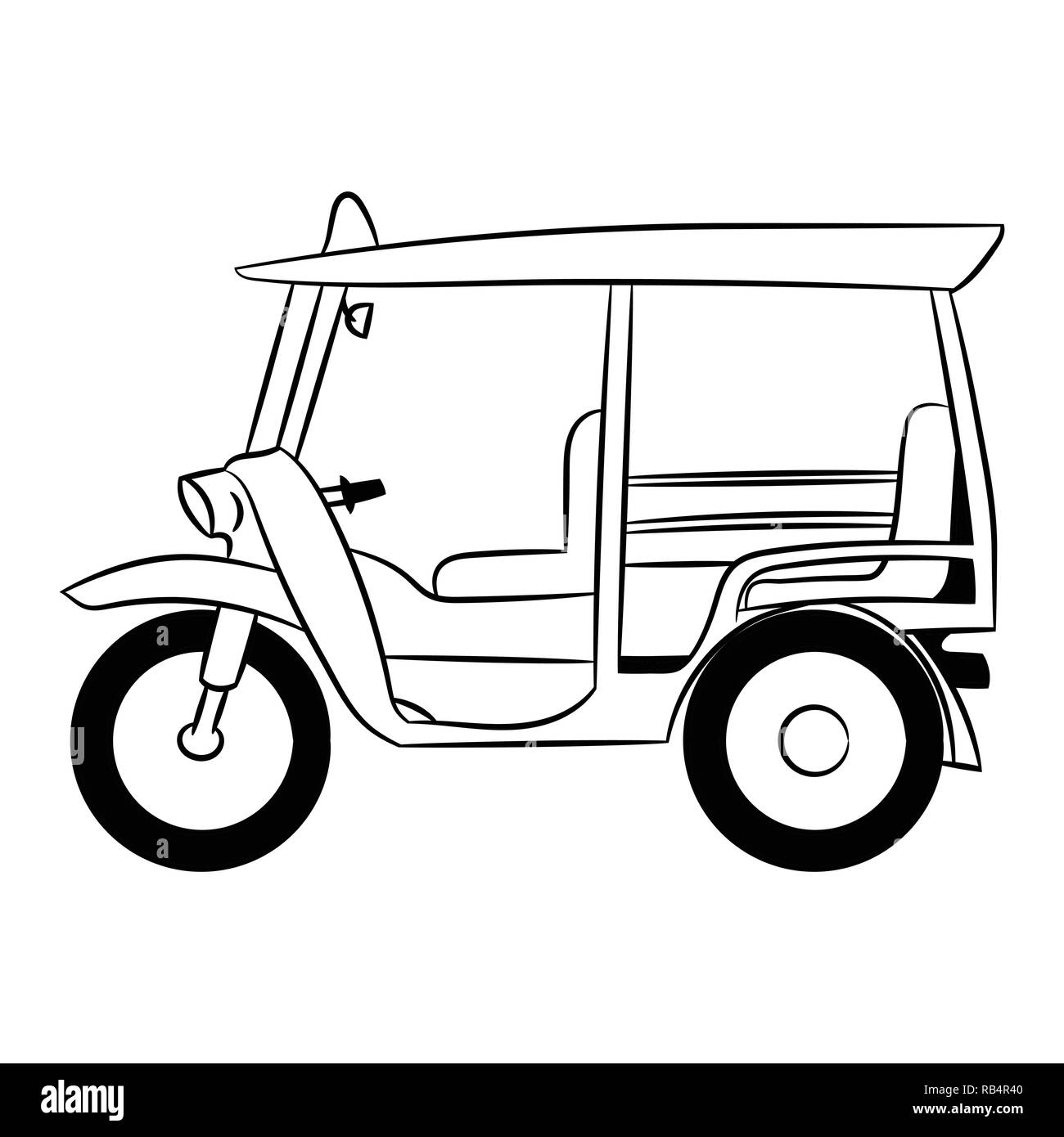 Un tuk tuk trasporto in Thailandia disegnati a mano per il libro da colorare, illustrazione vettoriale Illustrazione Vettoriale