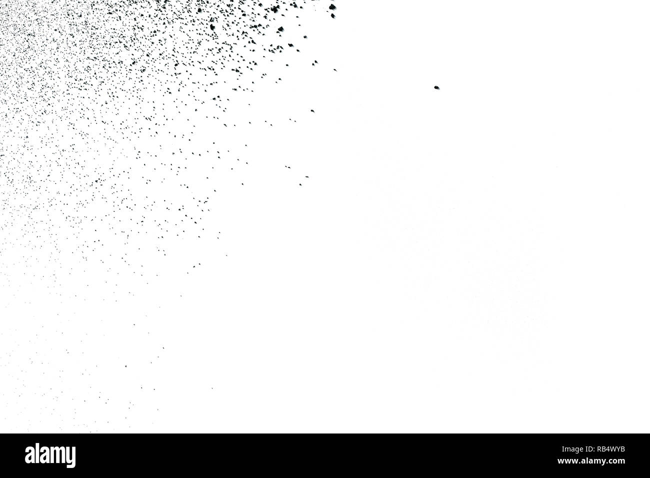 Polvere nera in esplosione contro uno sfondo bianco. Polvere di carbone exhaie di particelle nell'aria. Foto Stock