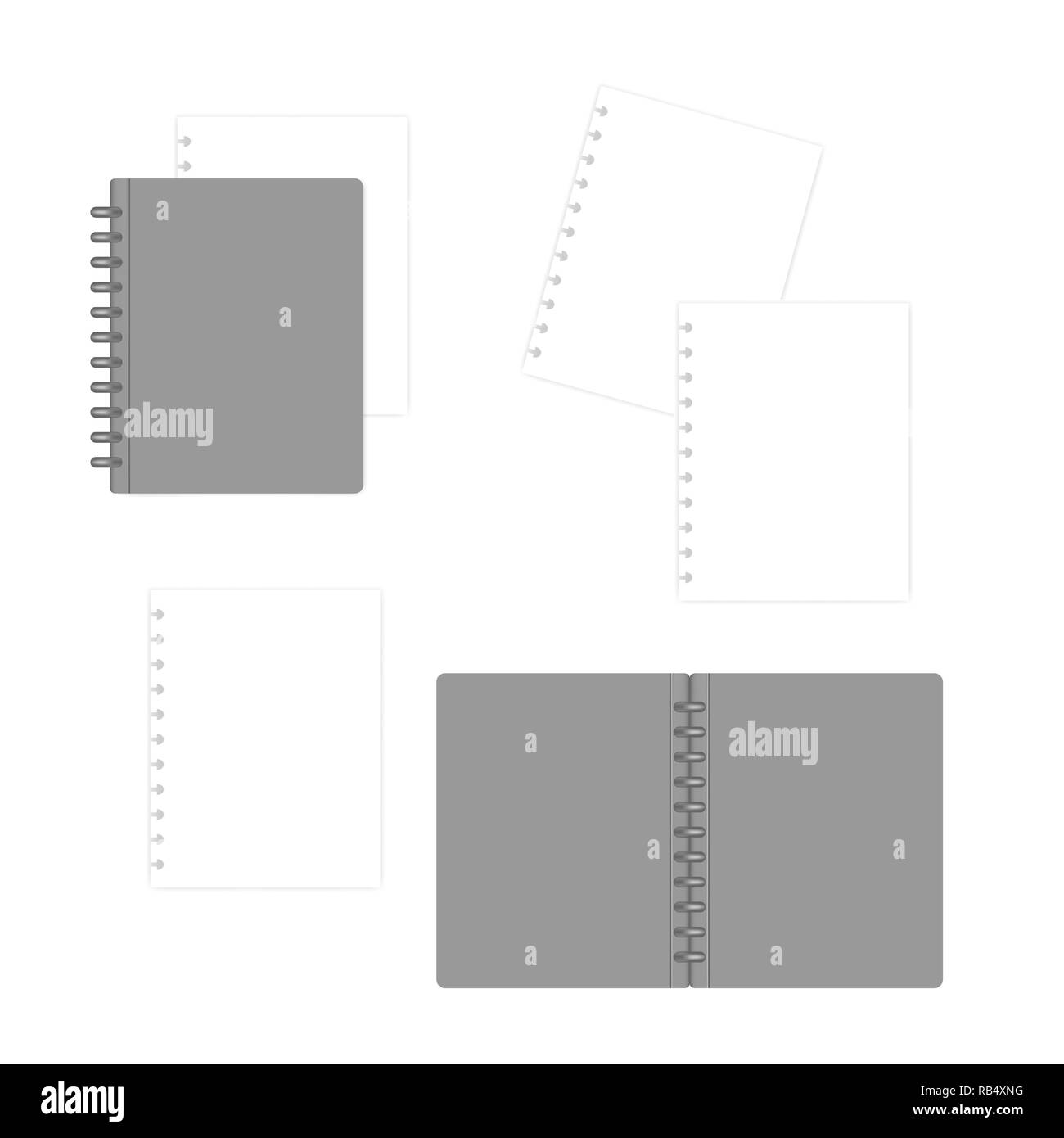 Chiuso e aperto in formato lettera legata a disco nella cartella per notebook con riempitivo bianco dei fogli di carta, mock-up. Ricaricabili Discbound note book, mockup Illustrazione Vettoriale