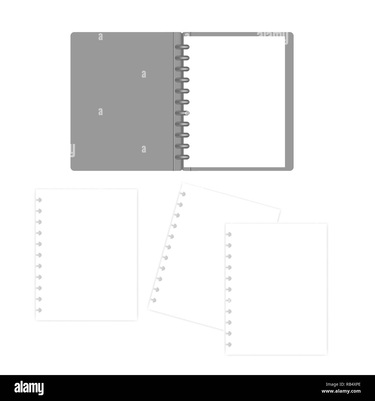 Lettera aperta di dimensione legata a disco portatile con carica bianca fogli di carta, mock-up. Ricaricabili Discbound nota vuota prenota, mockup Illustrazione Vettoriale