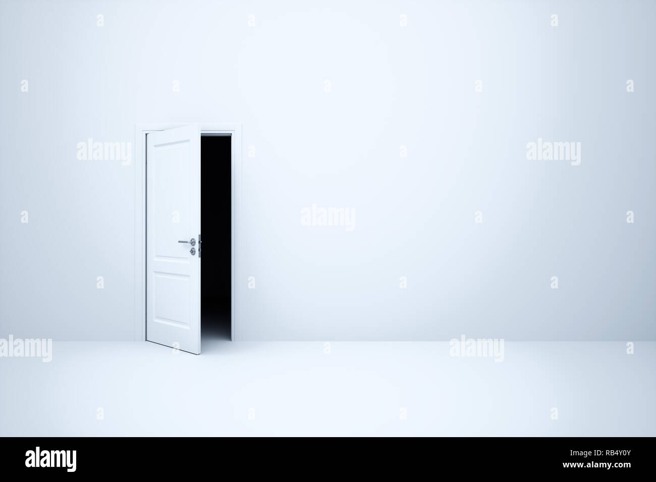 Svuotare la camera bianca con aperto lidark modo porta. 3D rendering concetto illustrazione Foto Stock