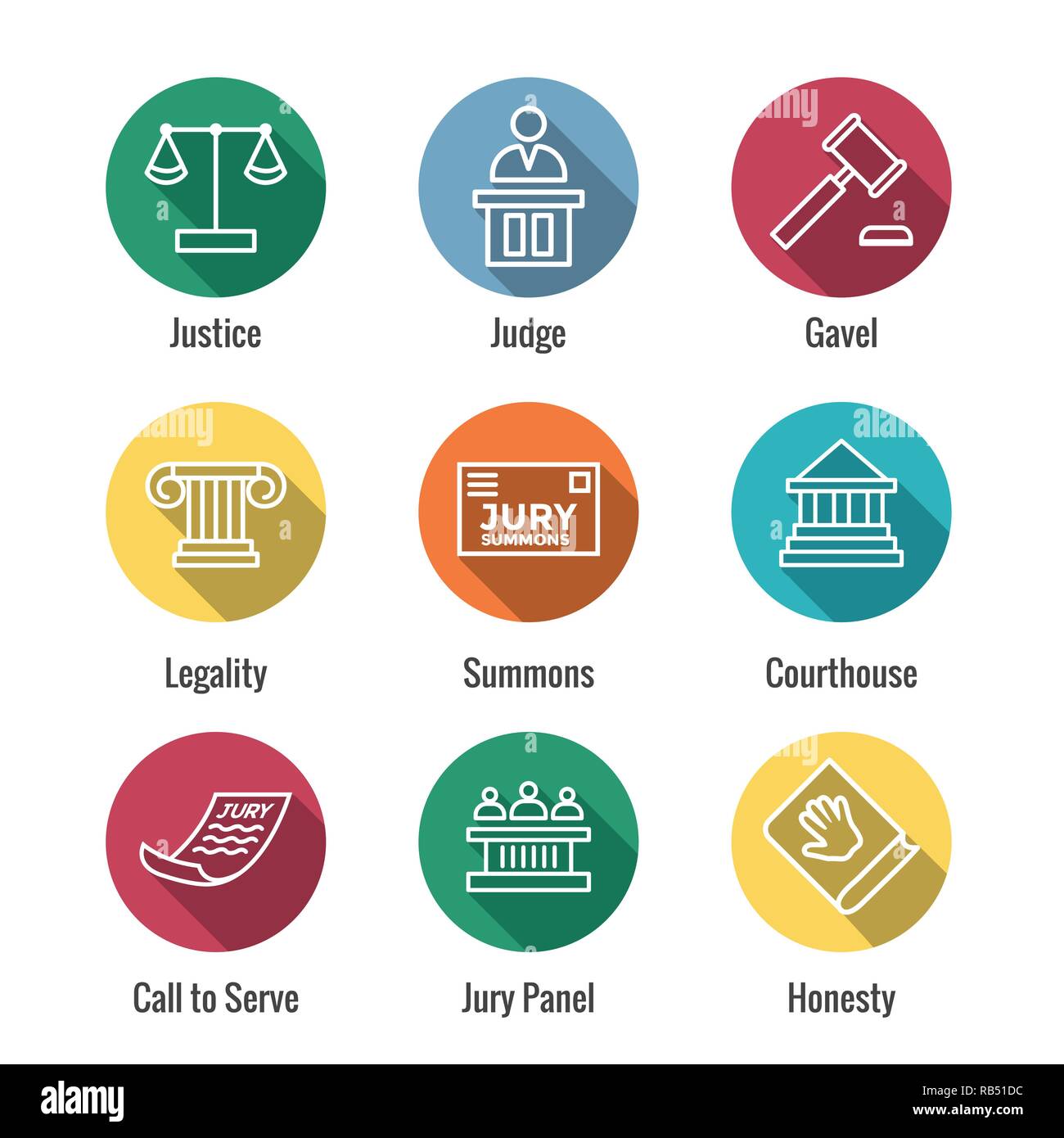 Legge & Legal Icon Set di giudice, giuria e icone giudiziaria Illustrazione Vettoriale