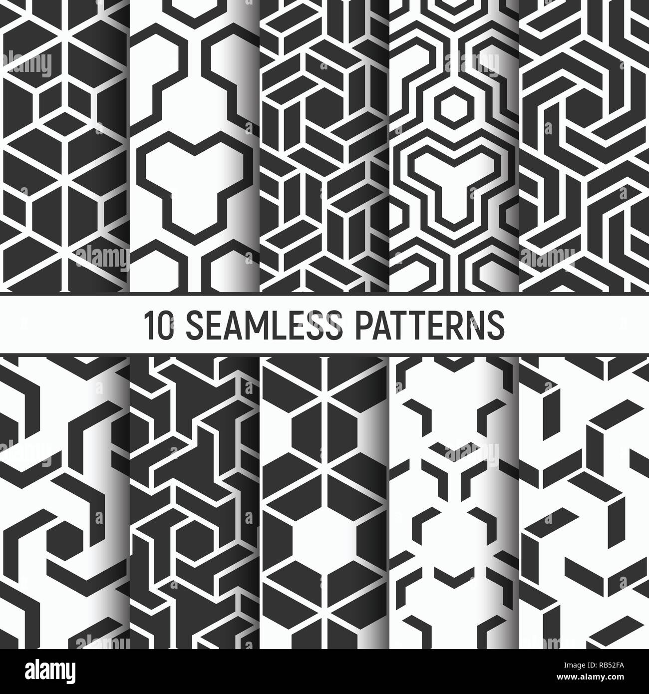 Set di dieci modelli senza giunture. Geometrico astratto vettore alla moda gli sfondi monocromi. Texture esagonale. Elementi di Chevron, elegante tassellabile a stampa. Illustrazione Vettoriale