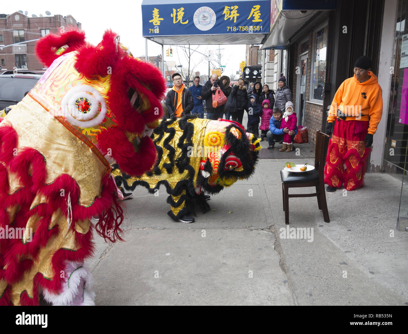 Performance di danza del Leone di portare la buona fortuna e prosperità ai  cinesi di proprietà memorizza nella sezione di Bensonhurst di Brooklyn per  il Capodanno cinese, 2017 Foto stock - Alamy
