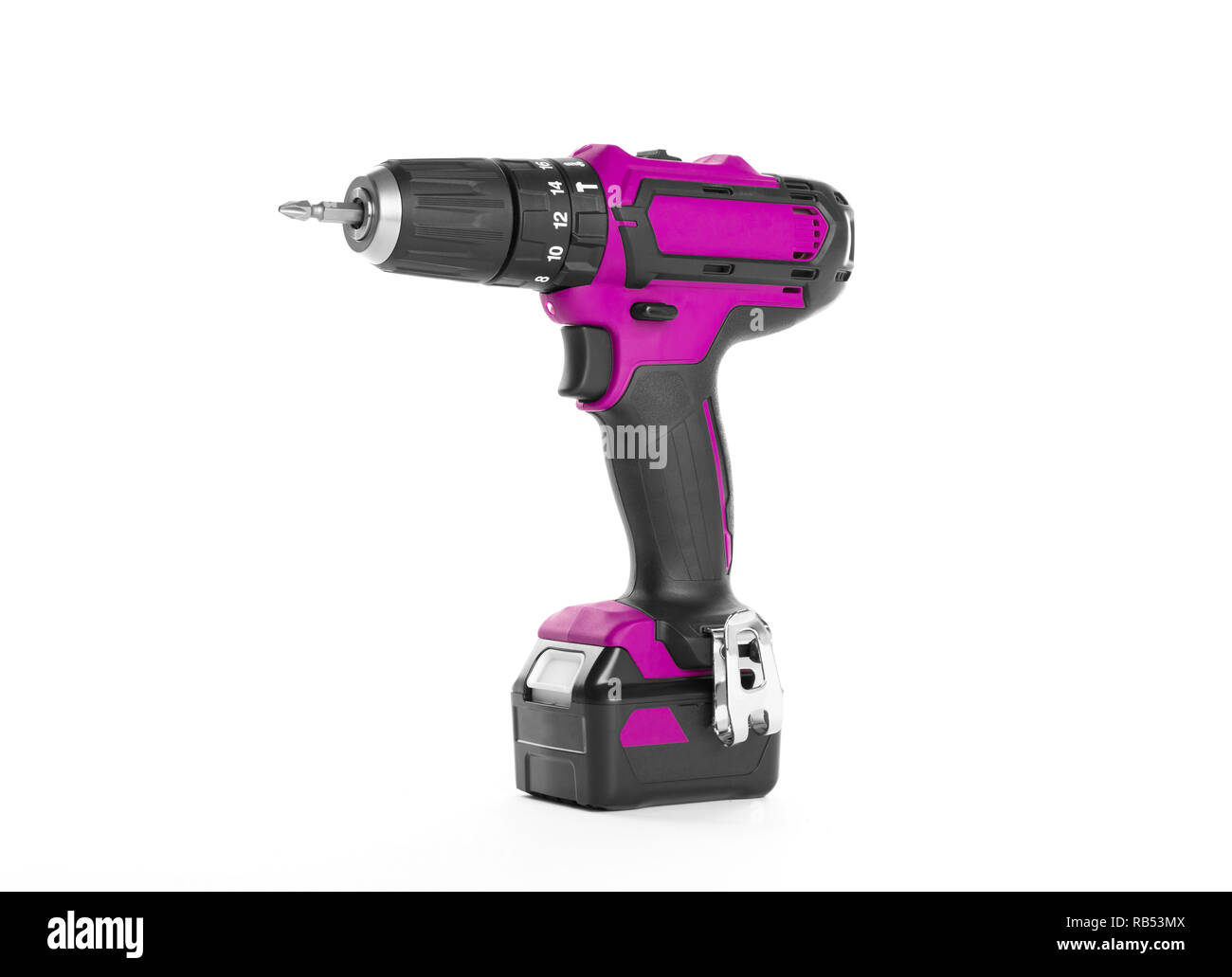 Giraviti a batteria o il trapano elettrico isolato su uno sfondo bianco Foto Stock