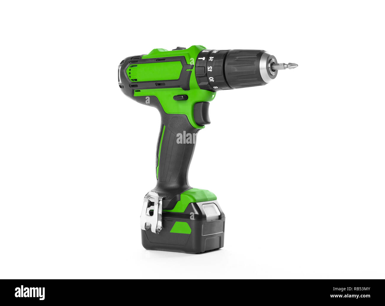 Giraviti a batteria o il trapano elettrico isolato su uno sfondo bianco Foto Stock