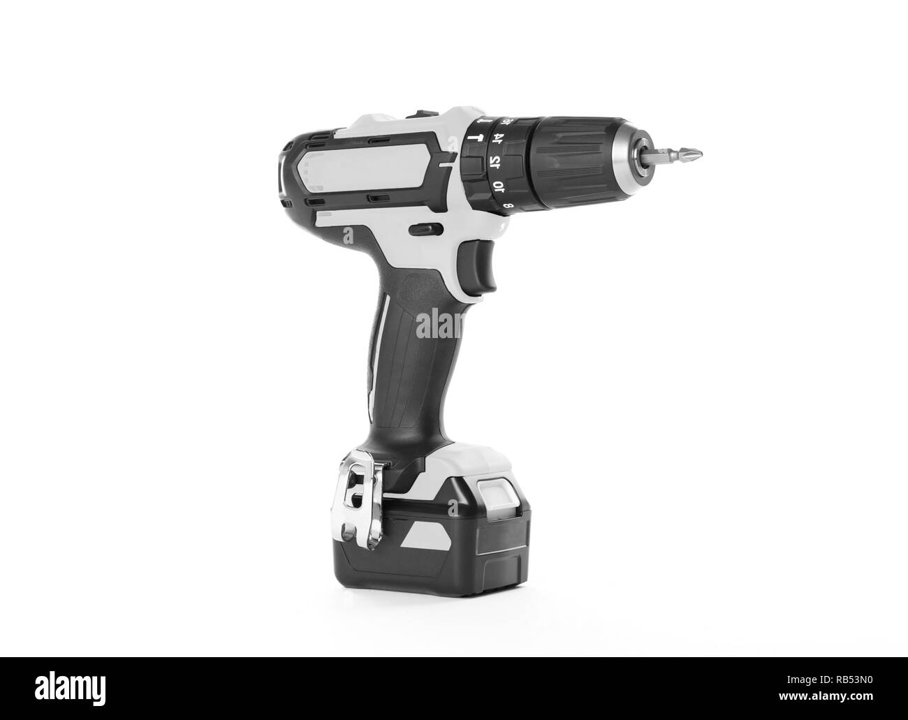 Giraviti a batteria o il trapano elettrico isolato su uno sfondo bianco Foto Stock