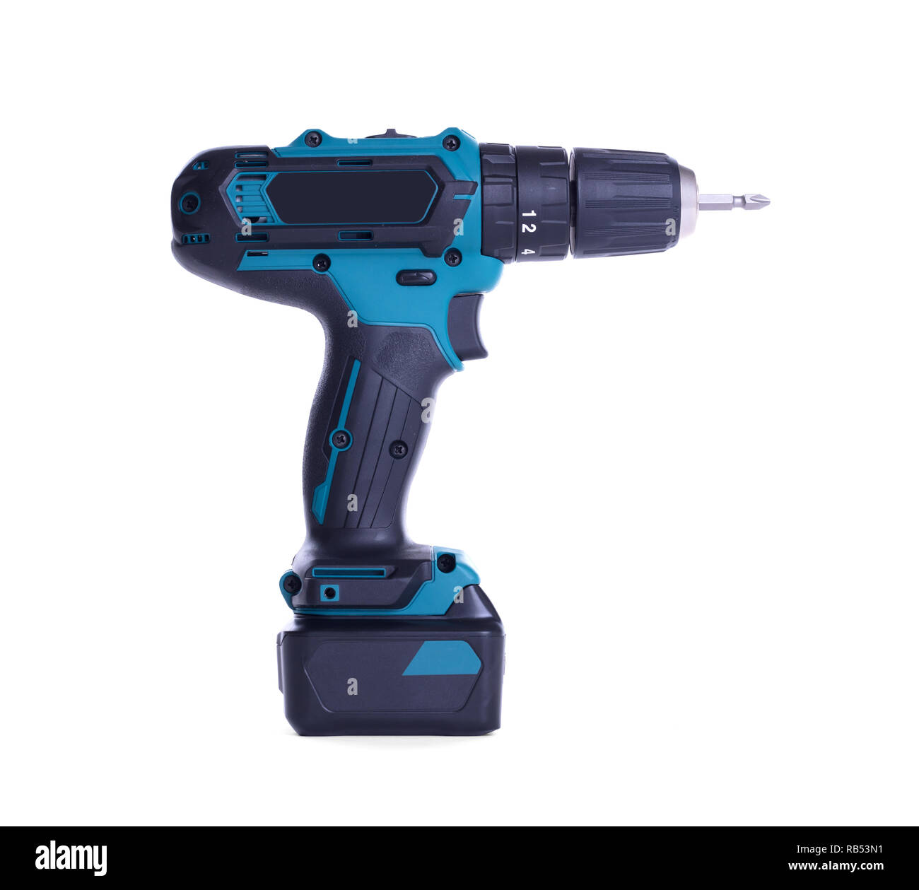 Giraviti a batteria o il trapano elettrico isolato su uno sfondo bianco Foto Stock