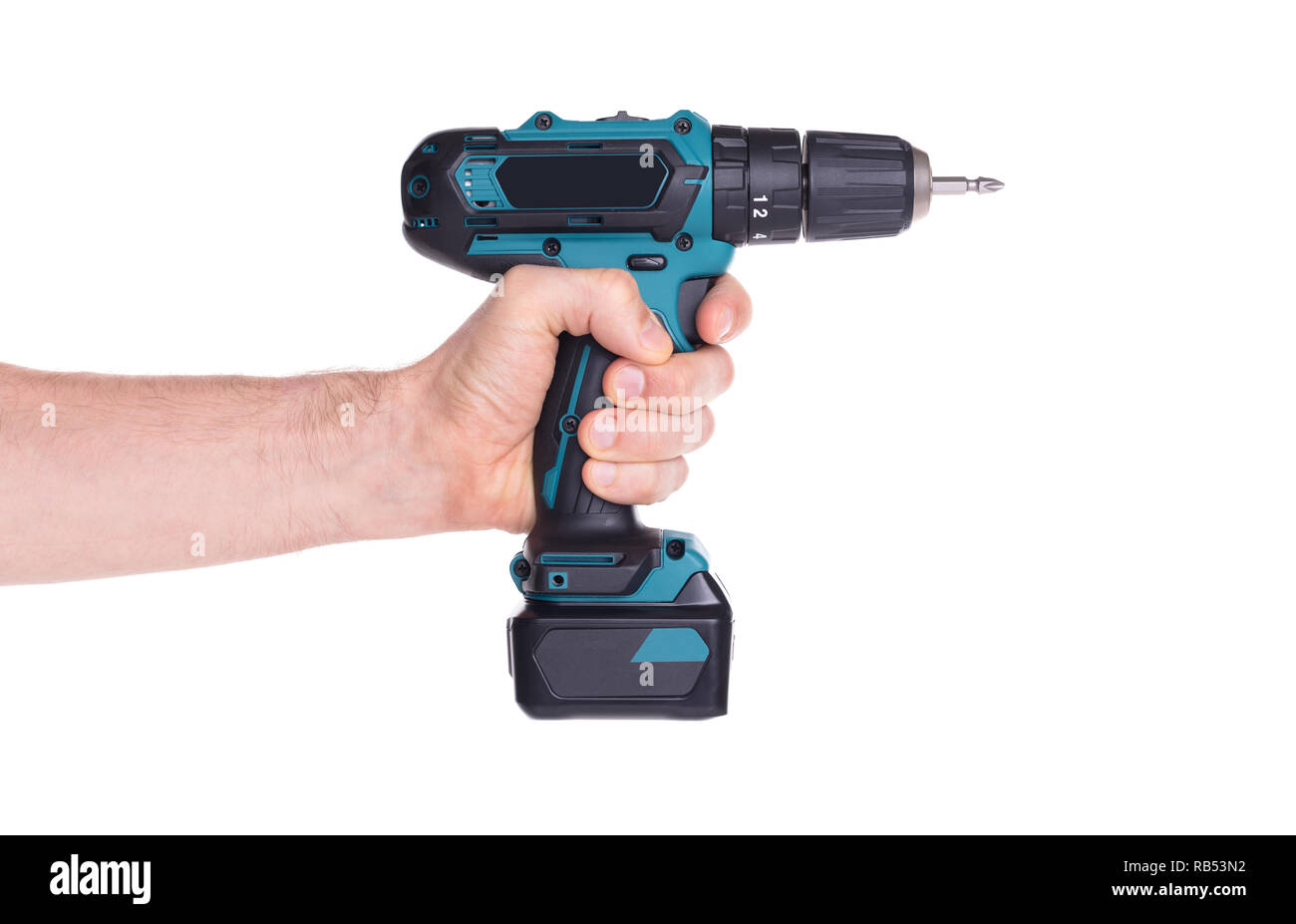 Giraviti a batteria o alimentazione di trapanare isolata su uno sfondo nero Foto Stock