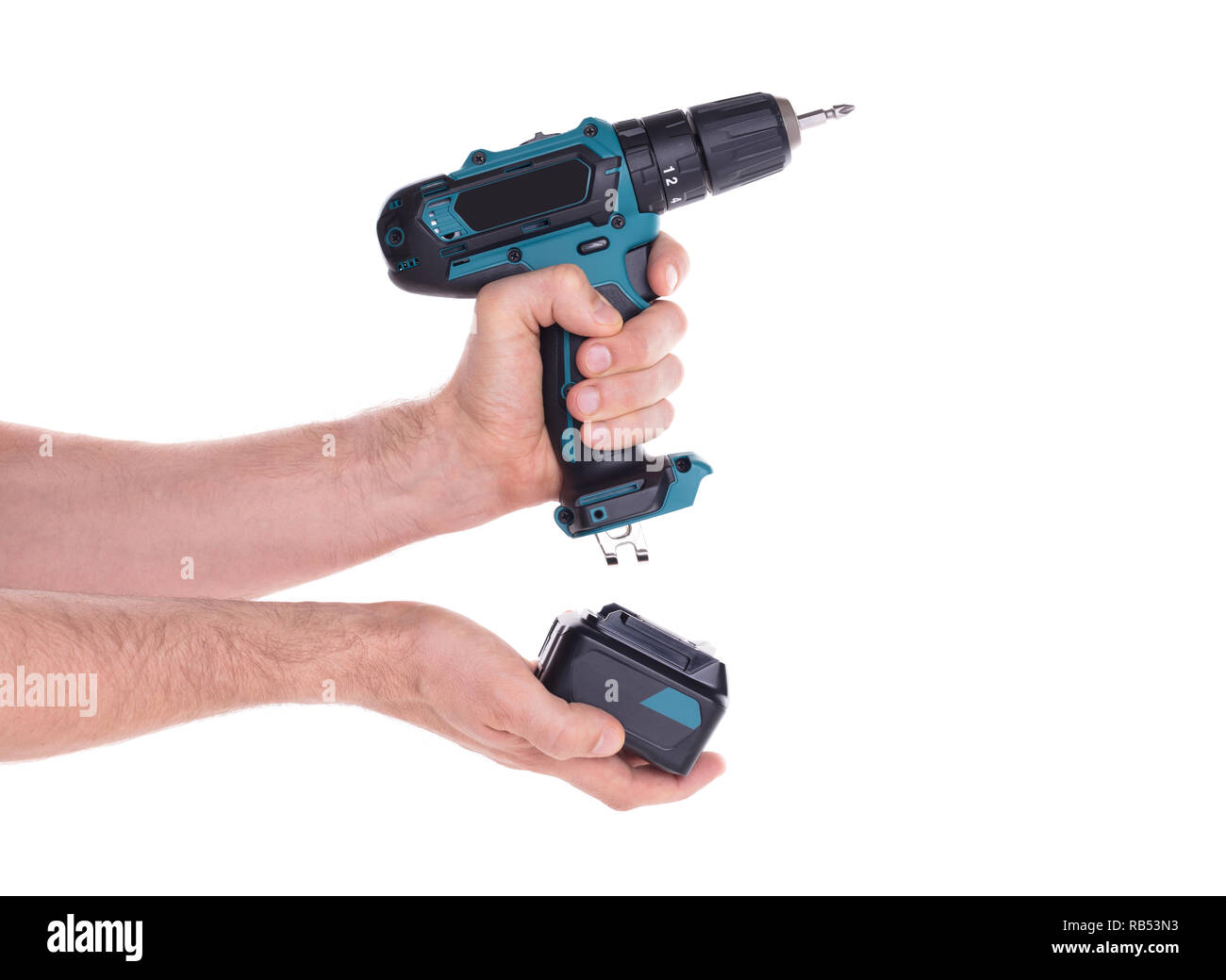 Giraviti a batteria o alimentazione di trapanare isolata su uno sfondo nero Foto Stock