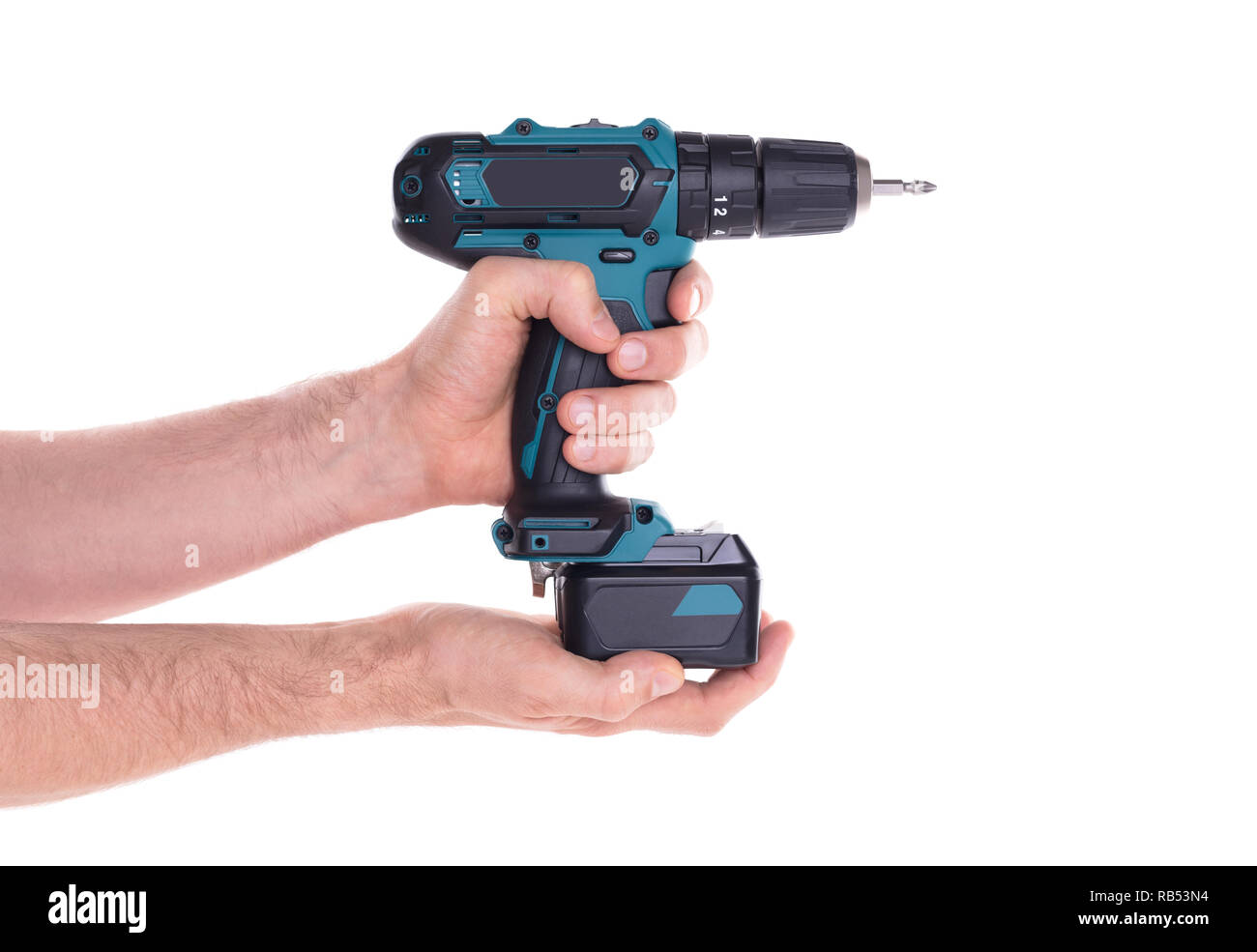 Giraviti a batteria o alimentazione di trapanare isolata su uno sfondo nero Foto Stock