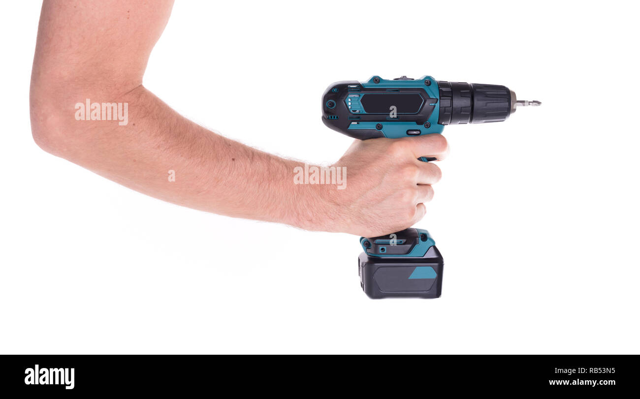 Giraviti a batteria o alimentazione di trapanare isolata su uno sfondo nero Foto Stock