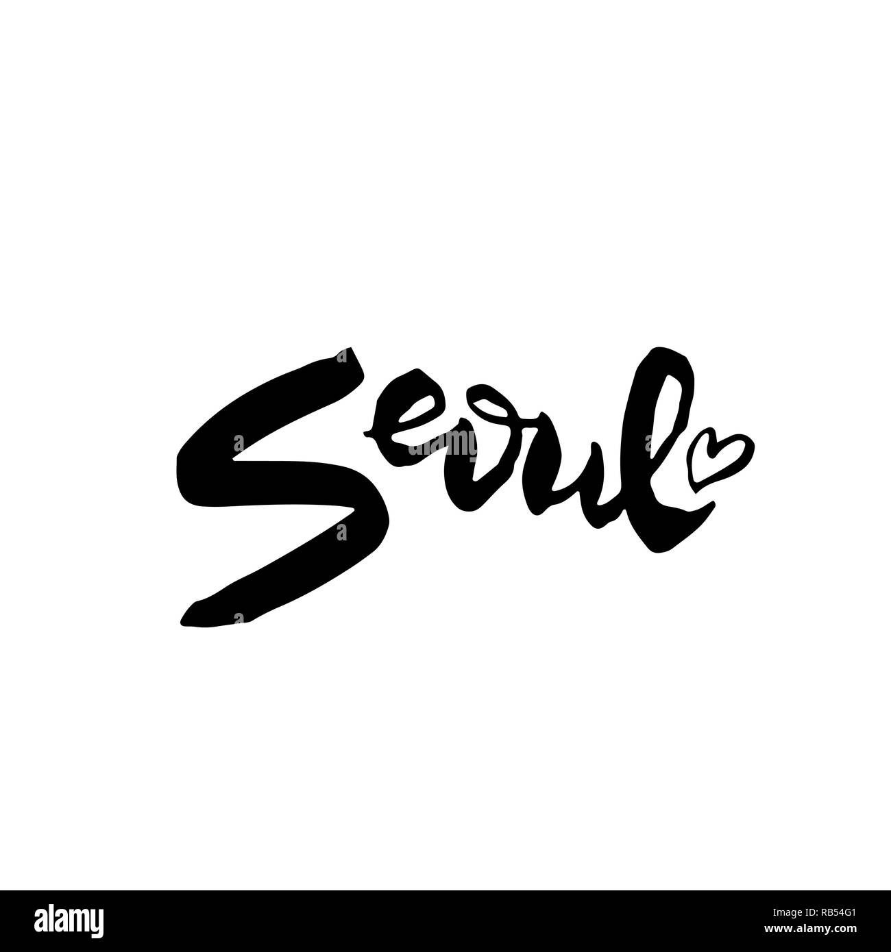 Seul in Corea. Tipografia pennello asciutto lettering design. Disegnato a mano poster di calligrafia. Illustrazione Vettoriale. Illustrazione Vettoriale