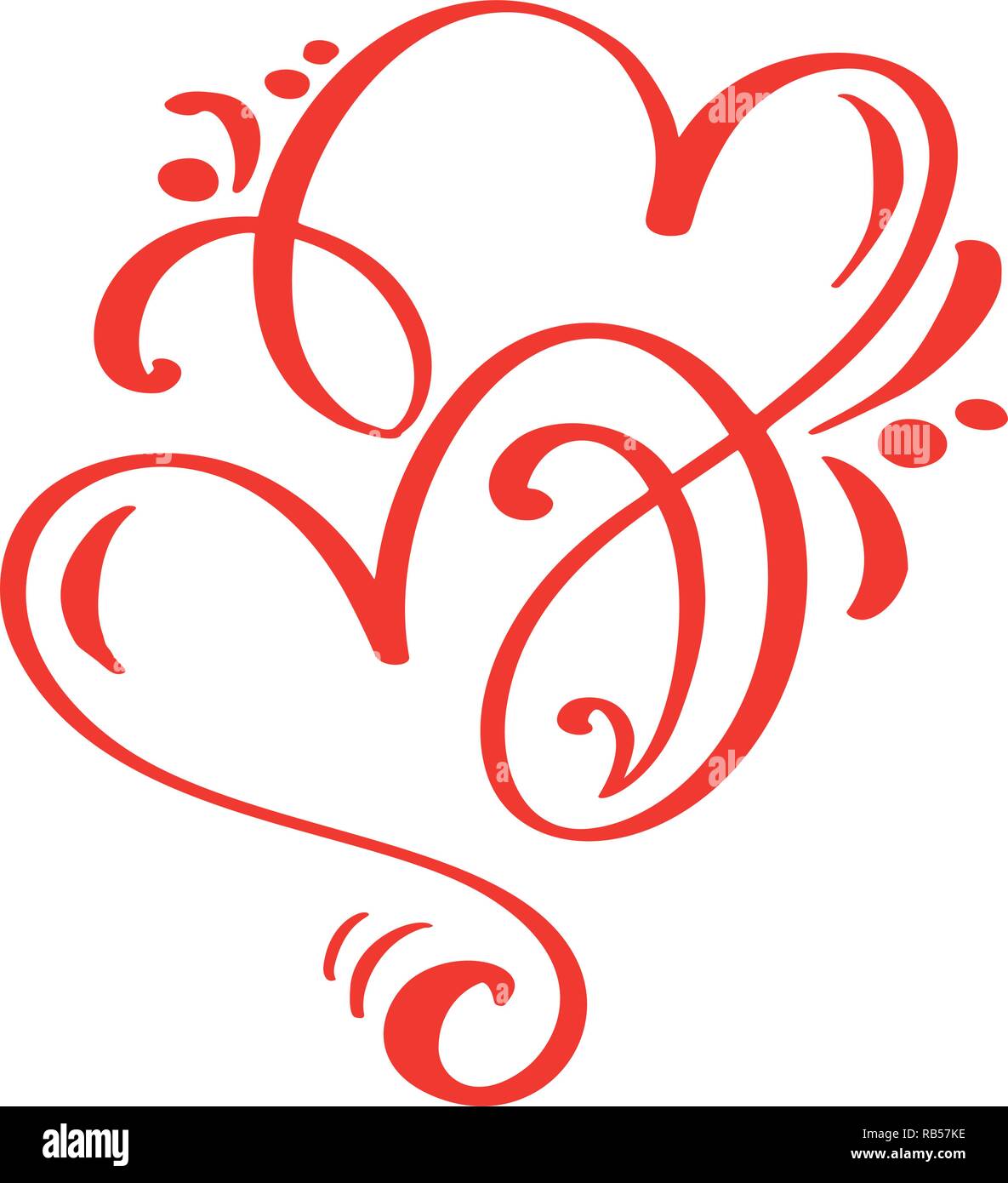 Paio di vettore di rosso il giorno di San Valentino disegnati a mano calligrafica due cuori. Calligraphy lettering illustrazione. Vacanze elemento di Design di San Valentino. Icona decor amore per il web, le nozze e la stampa. Isolato Illustrazione Vettoriale