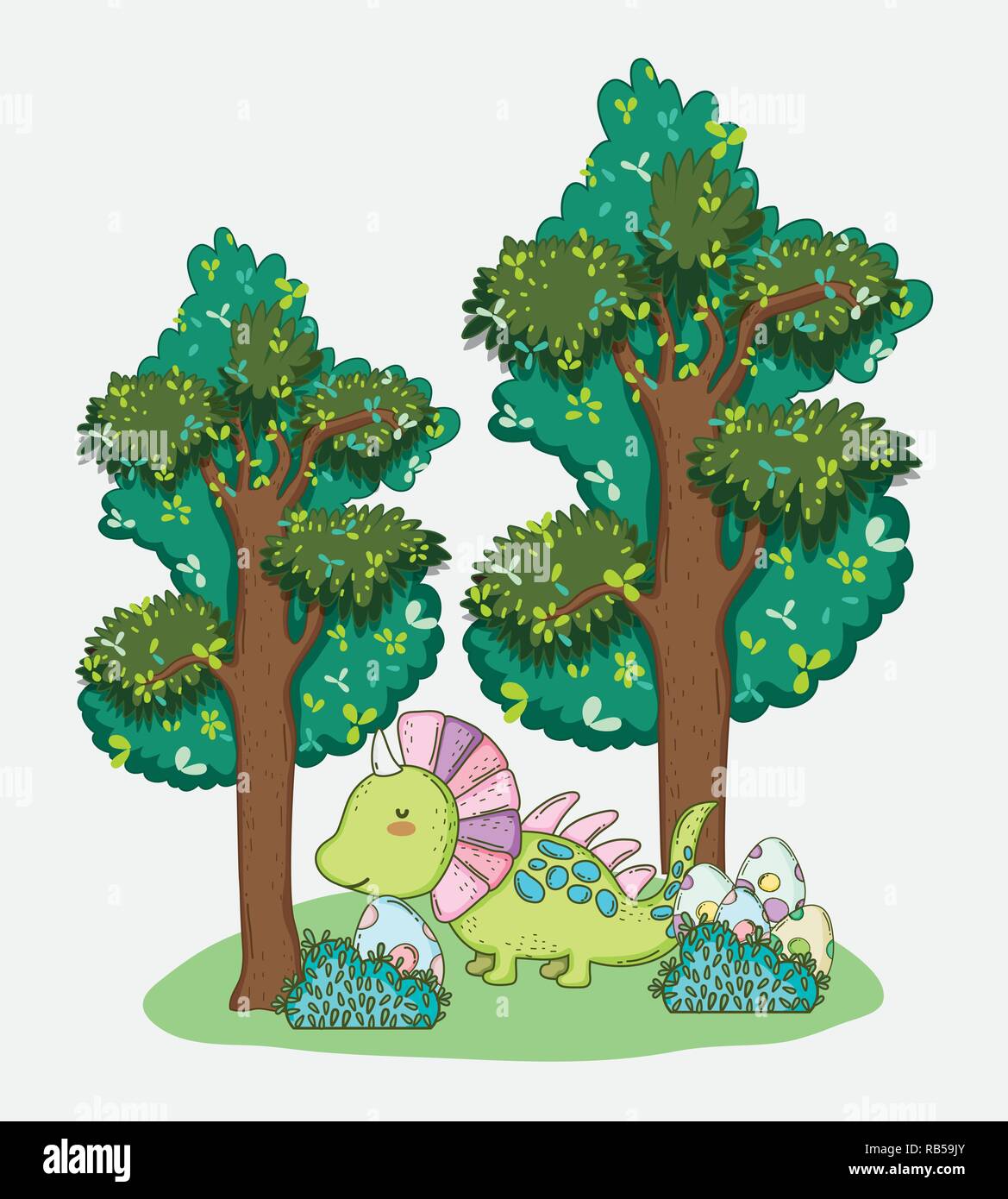 Styracosaurus con dino uova nelle boccole e alberi Illustrazione Vettoriale