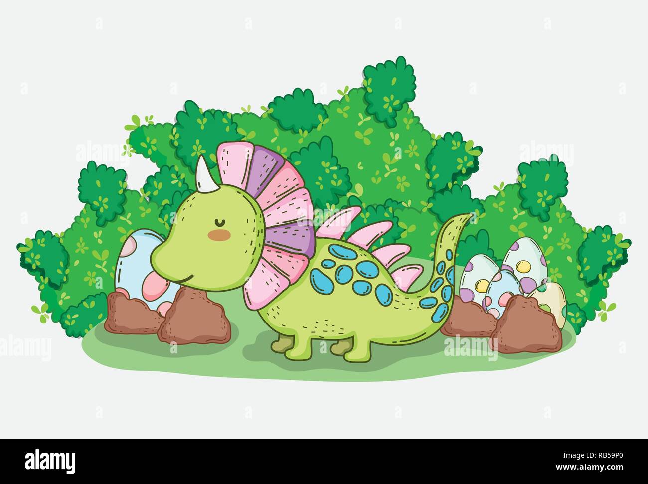 Carino styracosaurus con dino uova nelle boccole Illustrazione Vettoriale