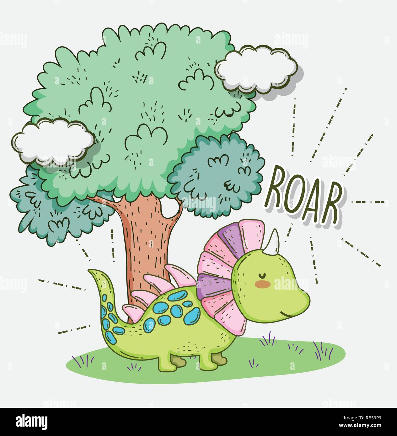 Carino styracosaurus fauna animale con struttura ad albero e nuvole Illustrazione Vettoriale