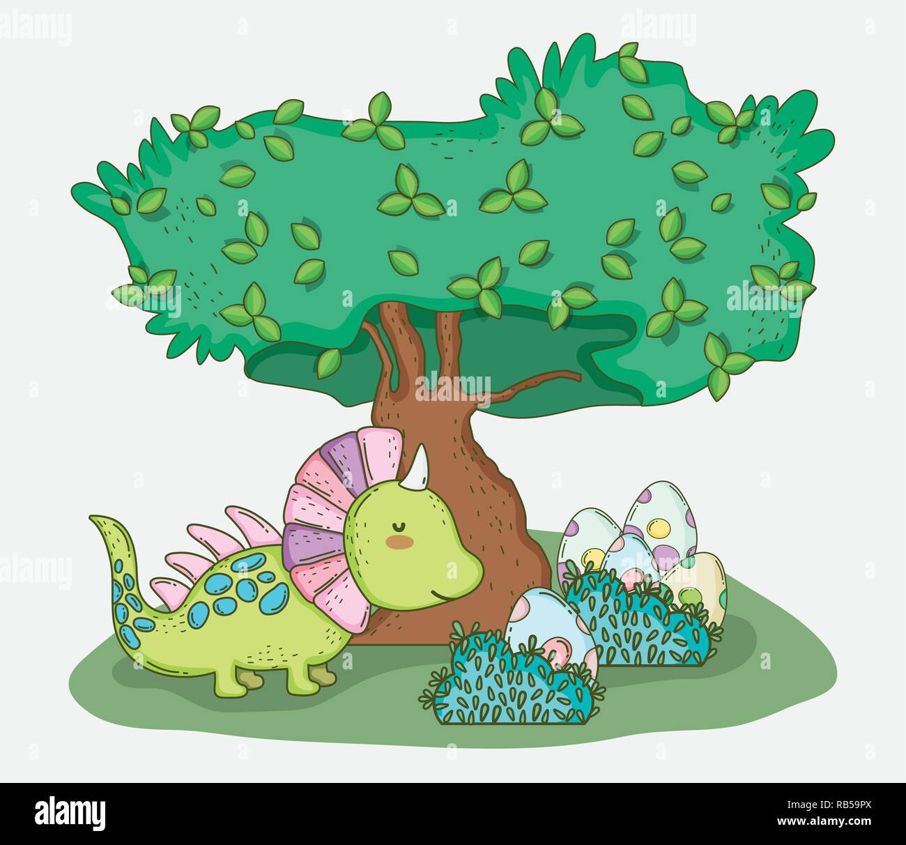 Carino styracosaurus con dino uova e albero Illustrazione Vettoriale