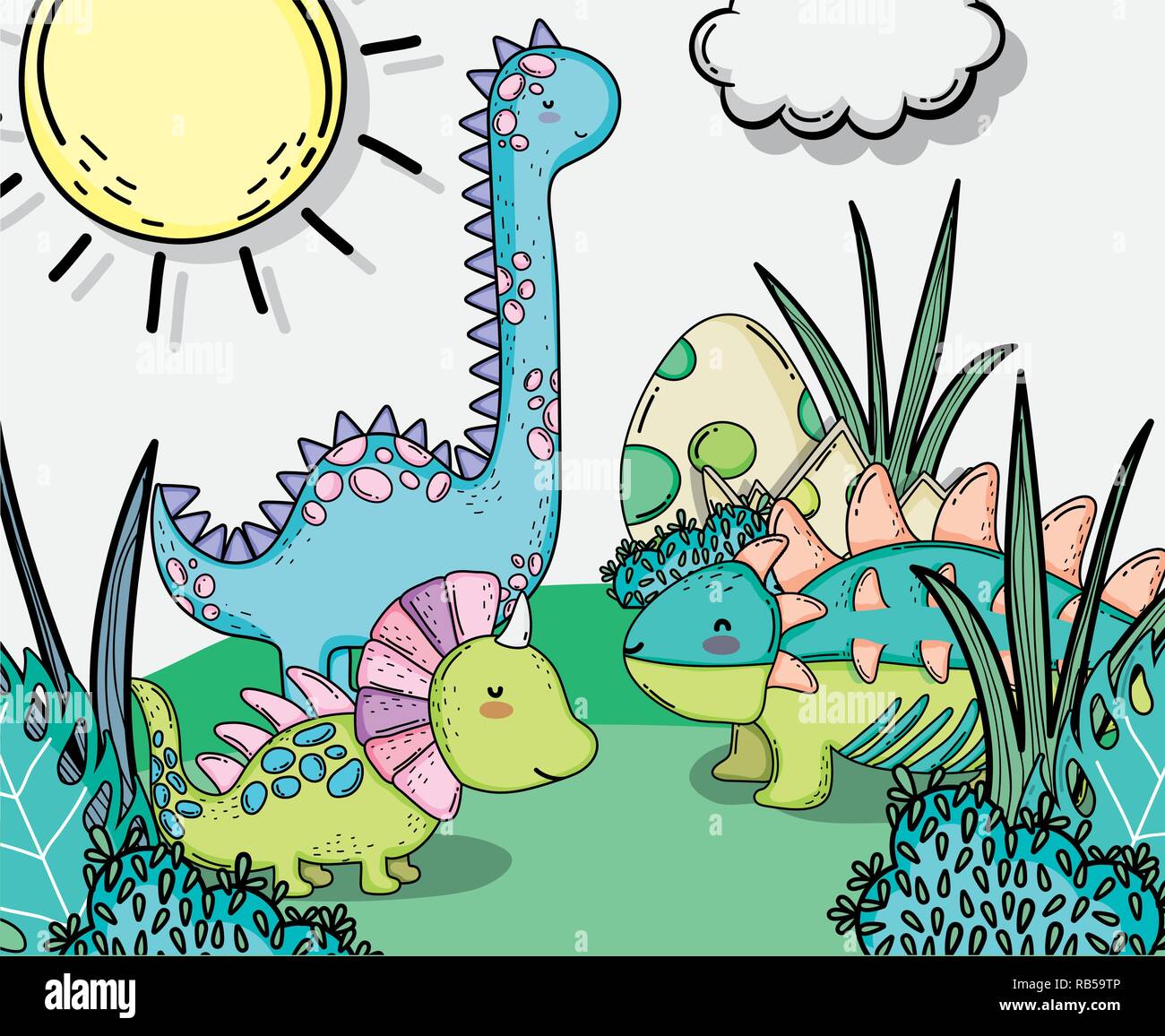 Carino styracosaurus con ankylosaurus e diplodocus animali Illustrazione Vettoriale