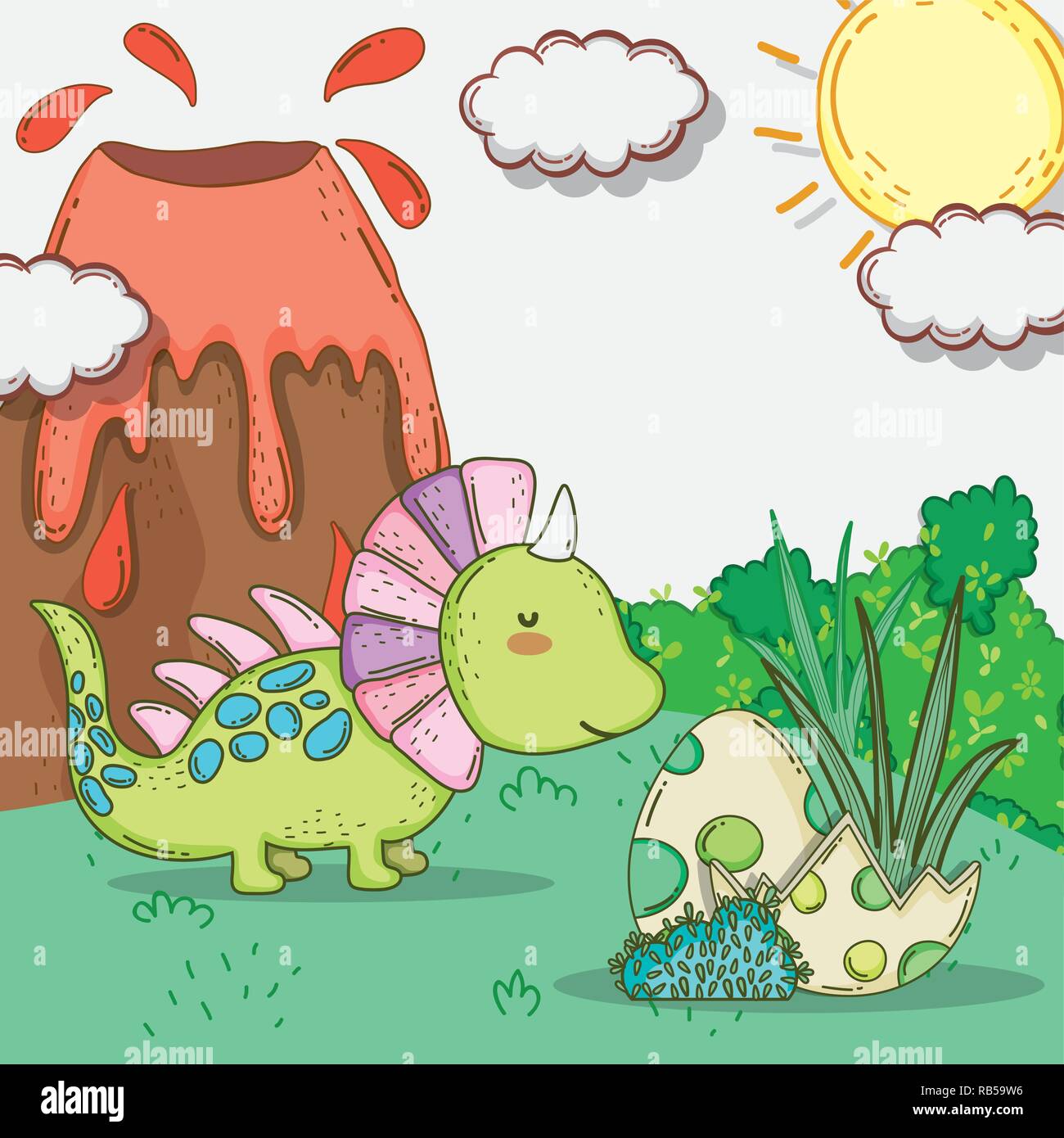 Carino styracosaurus con dino uova e vulcano Illustrazione Vettoriale