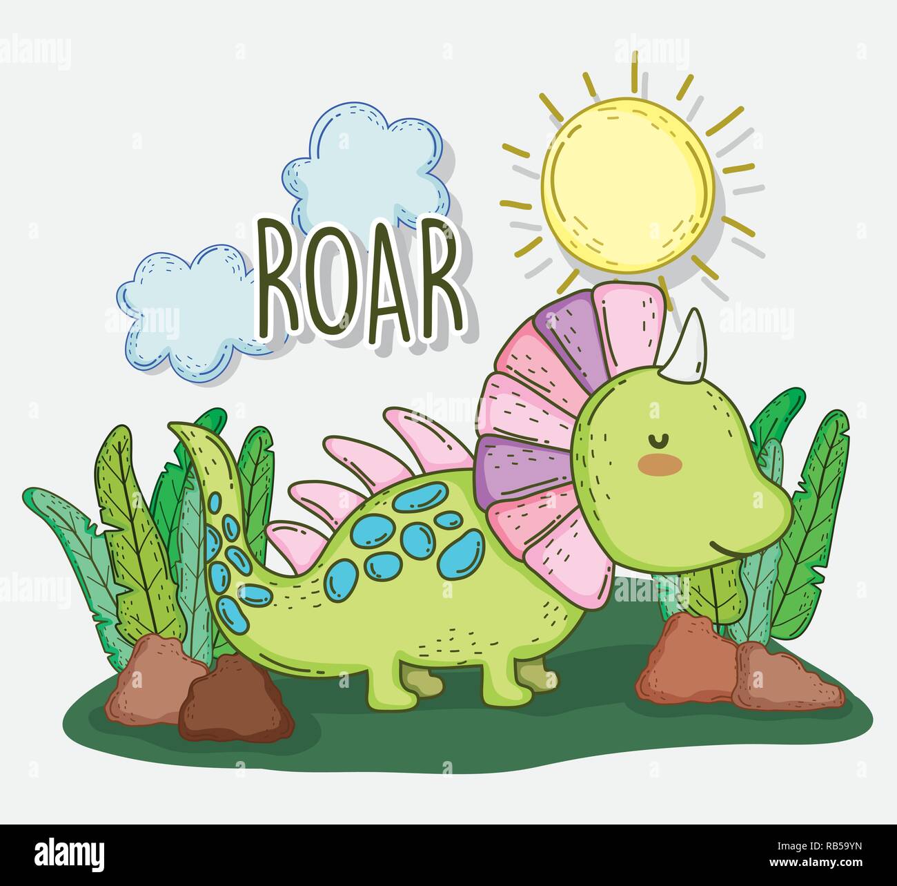 Carino styracosaurus animale con sole e nuvole Illustrazione Vettoriale