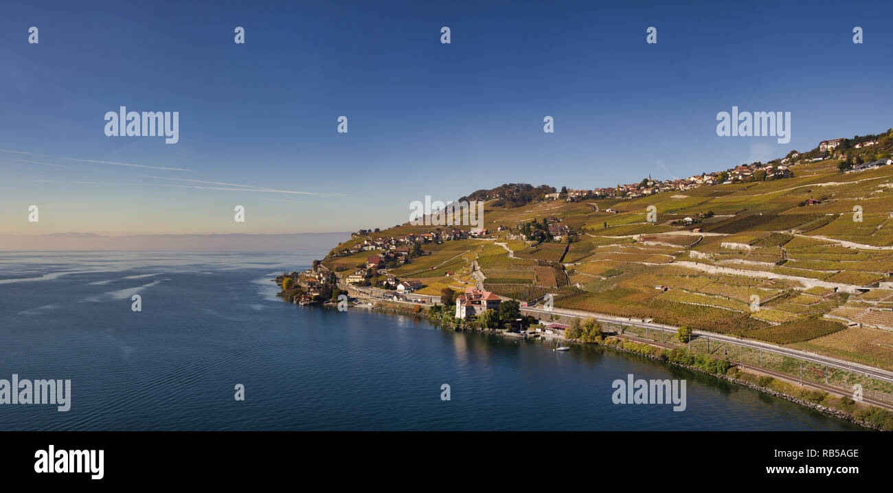 L'enologo svizzero villaggio di Rivaz sopra il Lago di Ginevra nel patrimonio culturale mondiale dell UNESCO area del Lavaux visto dall'aria in un drone foto Foto Stock