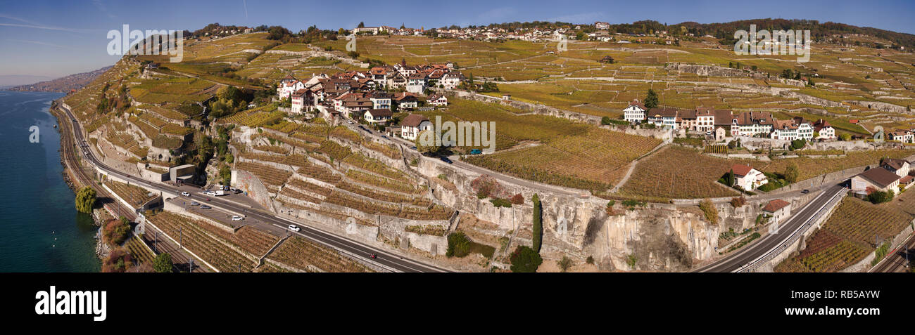 L'enologo svizzero villaggio di Rivaz sopra il Lago di Ginevra nel patrimonio culturale mondiale dell UNESCO area del Lavaux visto dall'aria in un drone foto Foto Stock