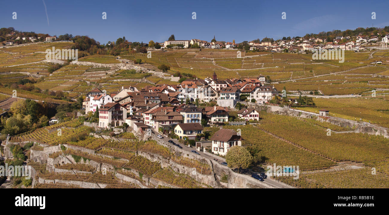 L'enologo svizzero villaggio di Rivaz sopra il Lago di Ginevra nel patrimonio culturale mondiale dell UNESCO area del Lavaux visto dall'aria in un drone foto Foto Stock