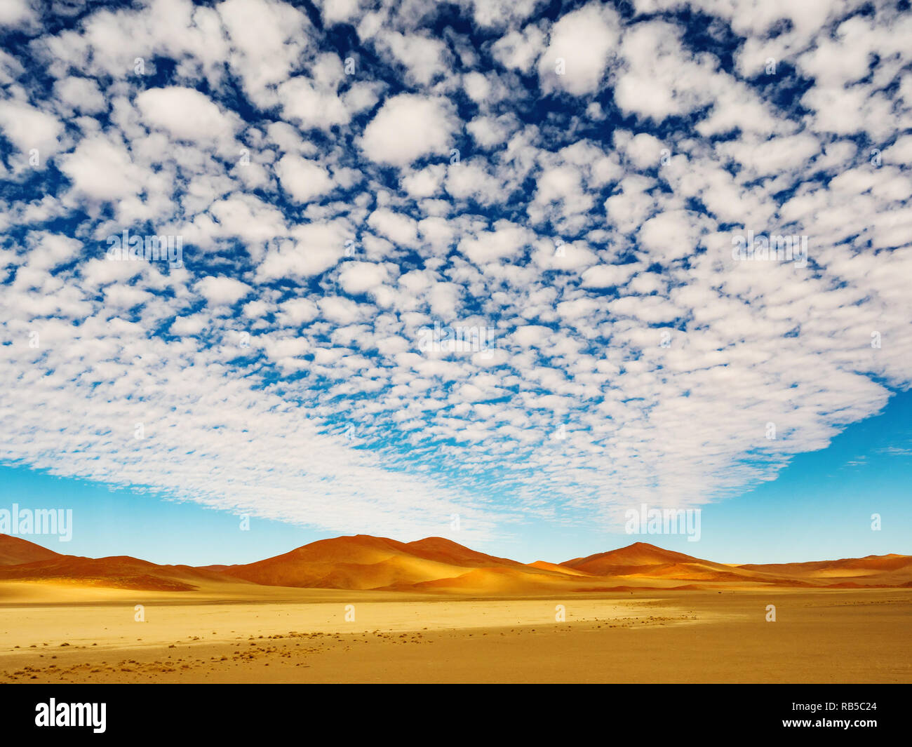 Grandi nuvole sopra il sale pan Sossuvlei. Namib Naukluft National Park. Le dune di sabbia del pan del Sossusvlei. La Namibia. L'Africa. Foto Stock