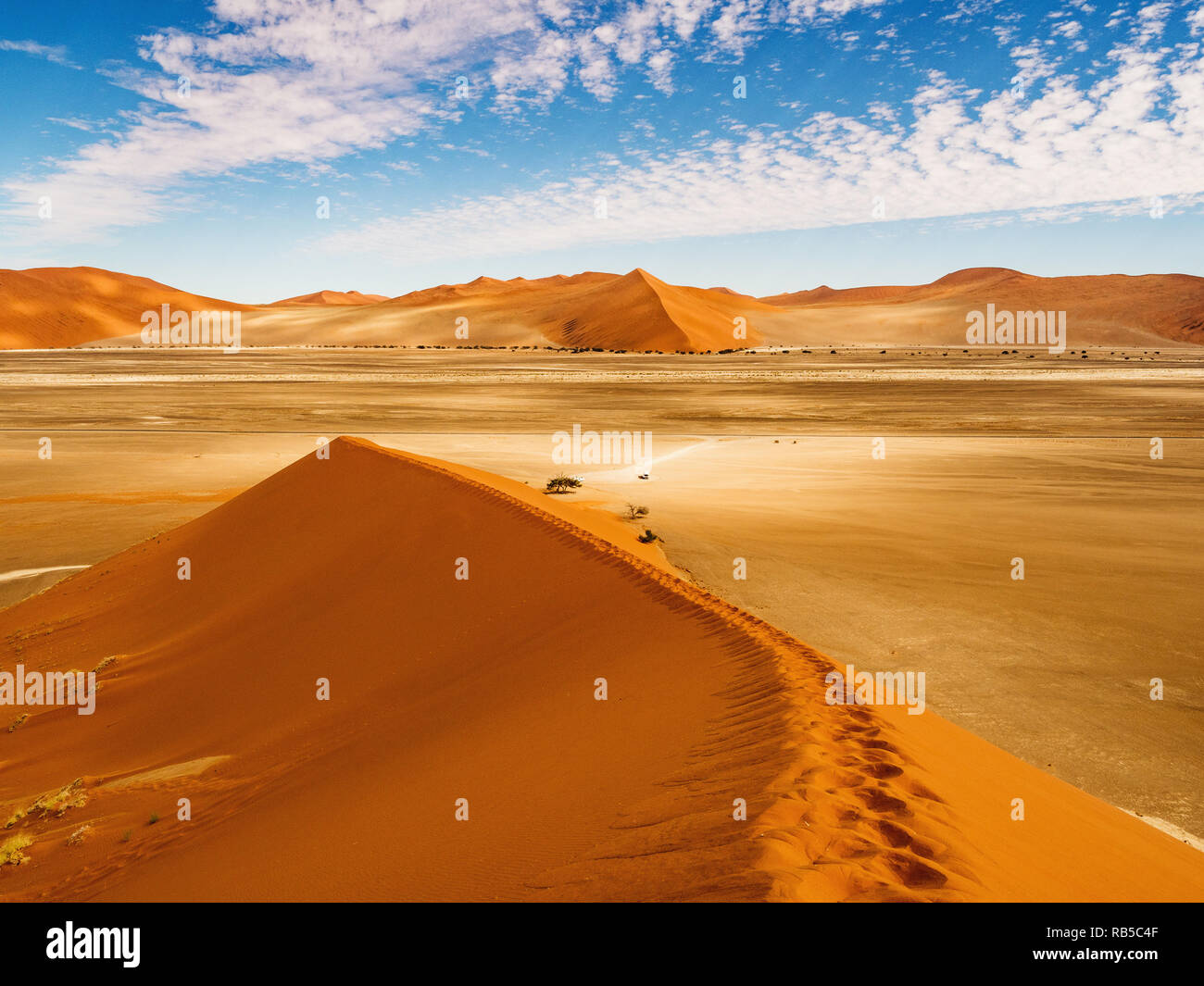 Vista dalla duna a salina di Sossusvlei. Namib Naukluft National Park. Le dune di sabbia del pan del Sossusvlei. La Namibia. L'Africa. Foto Stock
