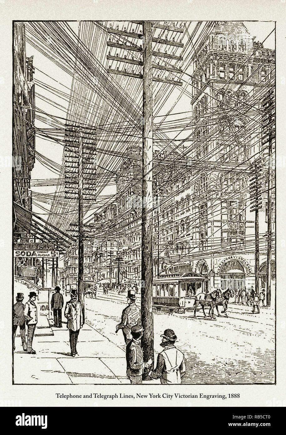 Telefono e linee del Telegrafo, New York City incisione Vittoriano, 1888 Foto Stock