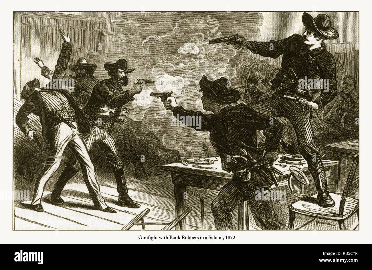 Gunfight con rapinatori di banche in una berlina incisione, 1872 Foto Stock