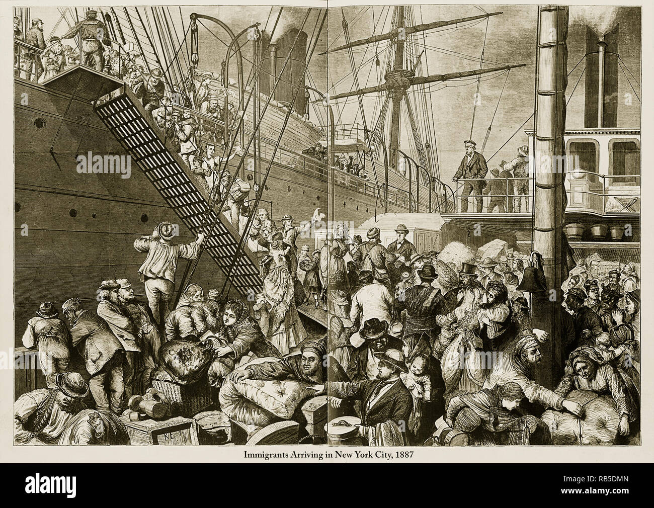 Gli immigrati in arrivo a New York City, 1887 l'incisione Foto Stock