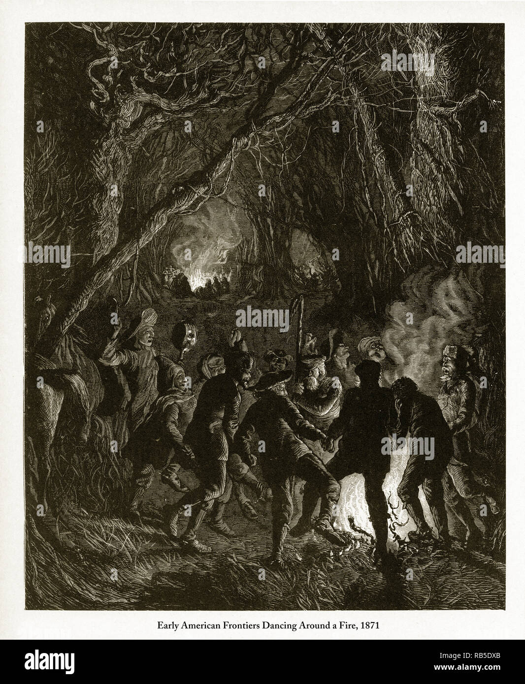 Frontiere ballando intorno al fuoco di un caminetto, inizio americano incisione Vittoriano, 1871 Foto Stock